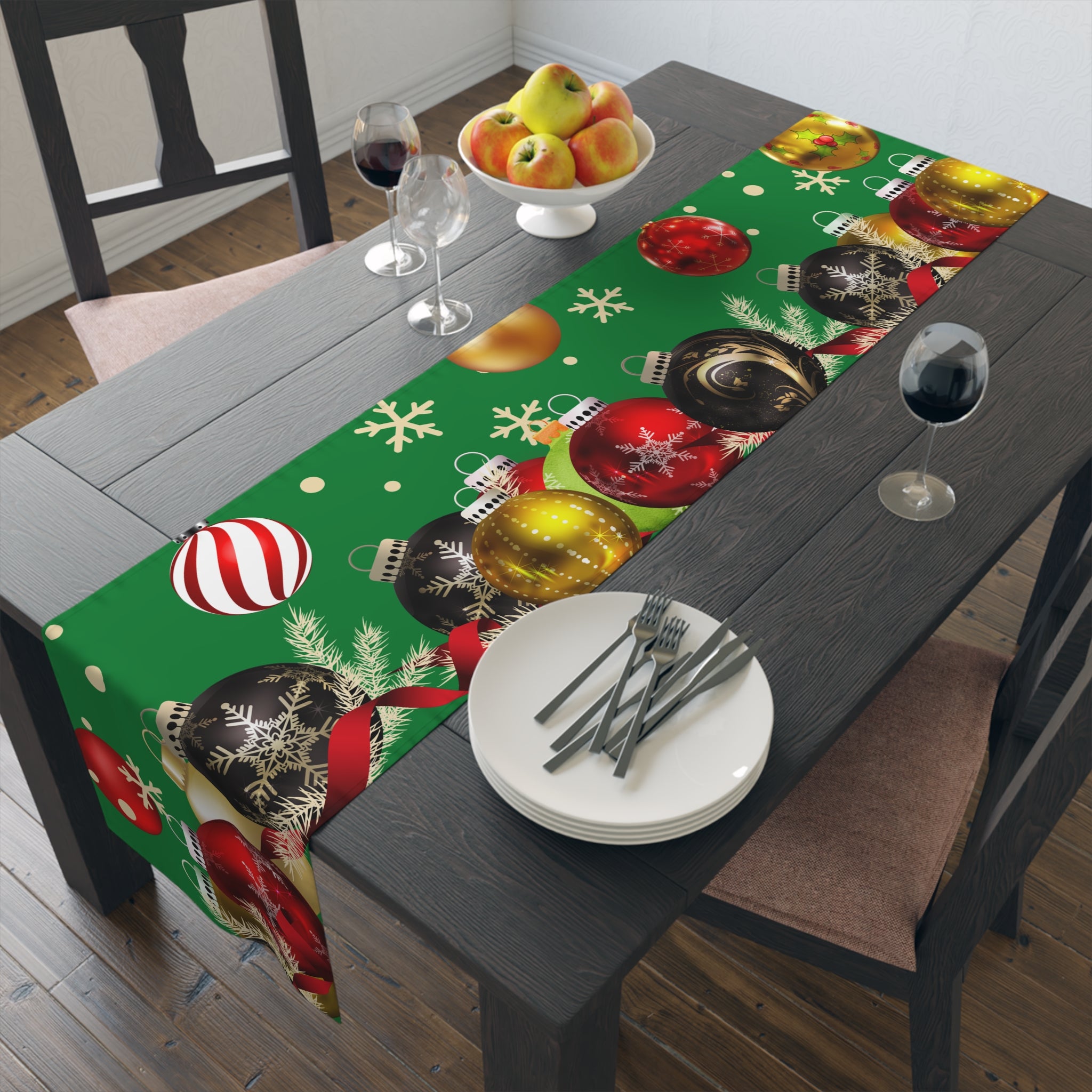 Christmas Ornaments Green Table Runner