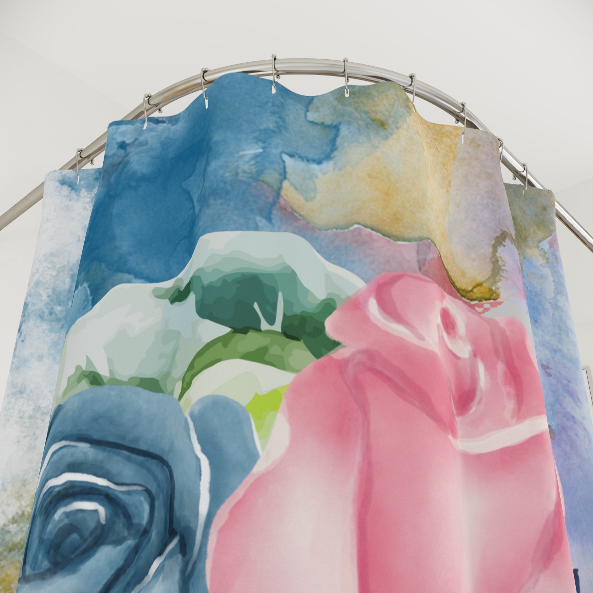 Colorful abstract art piece on a metal rod against a white background