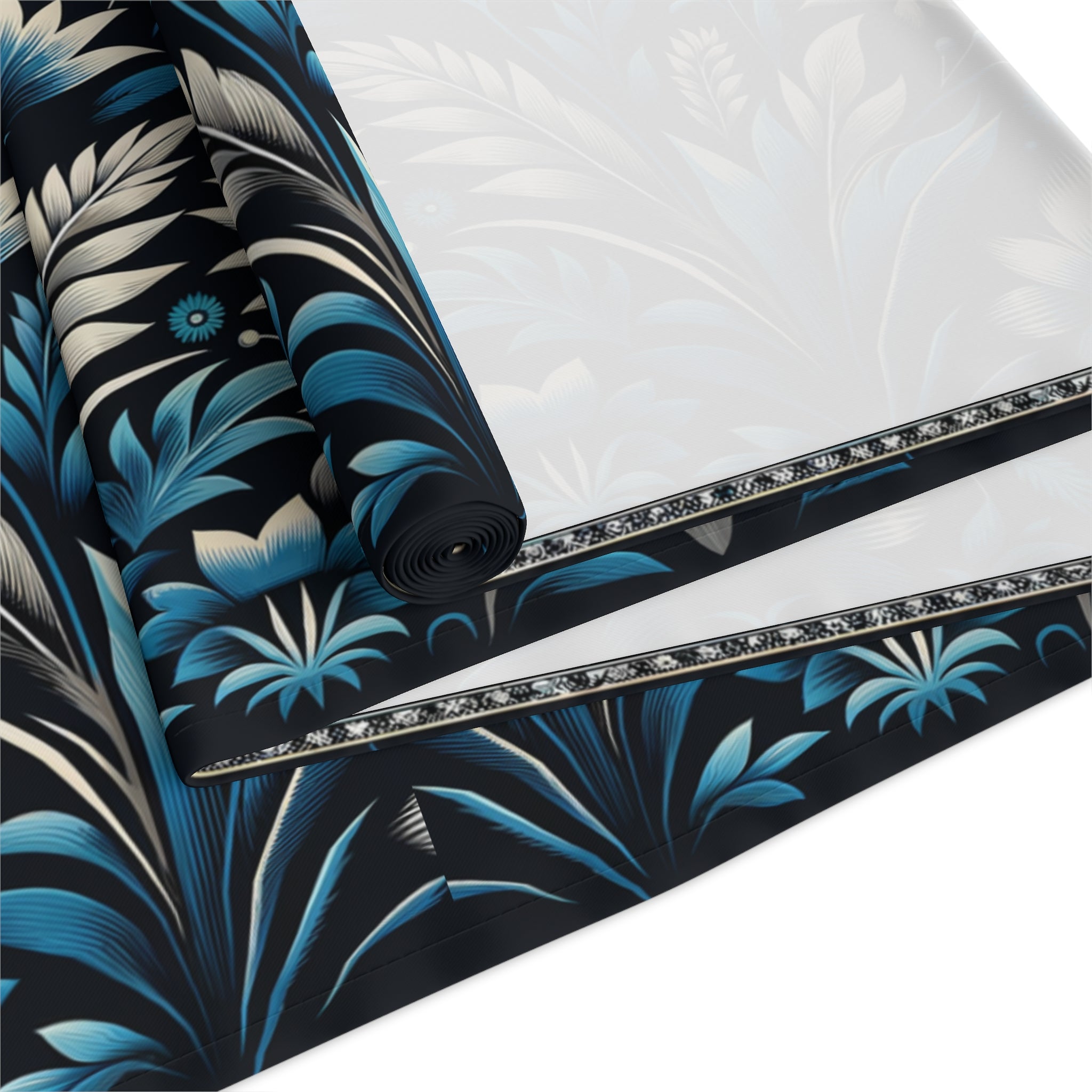 Dark Blue Art Deco Floral Table Runner Decor- Cotton Poly Blend