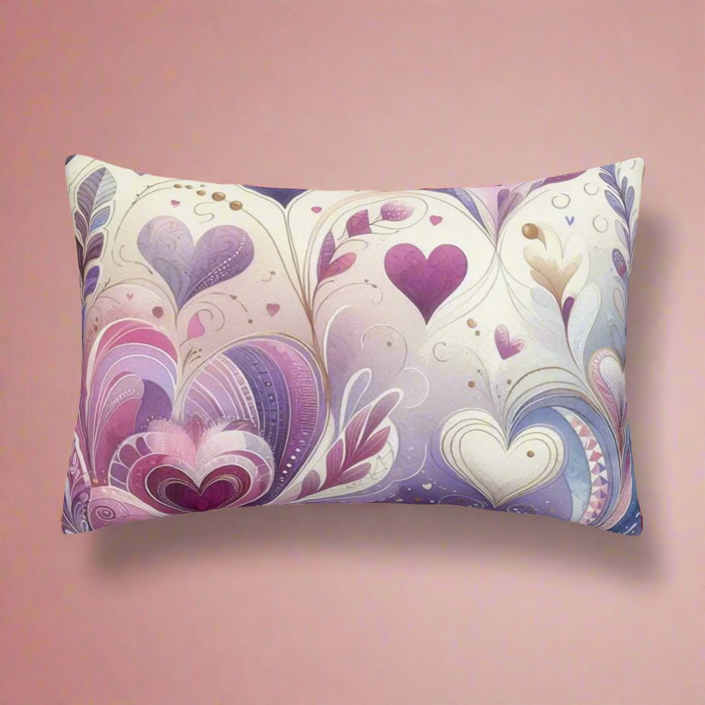 Romantic Violet Floral Hearts Pillow Case - Art Nouveau Inspired with Leaf & Swirl Motifs - Premium Polyester Fleece 30x20