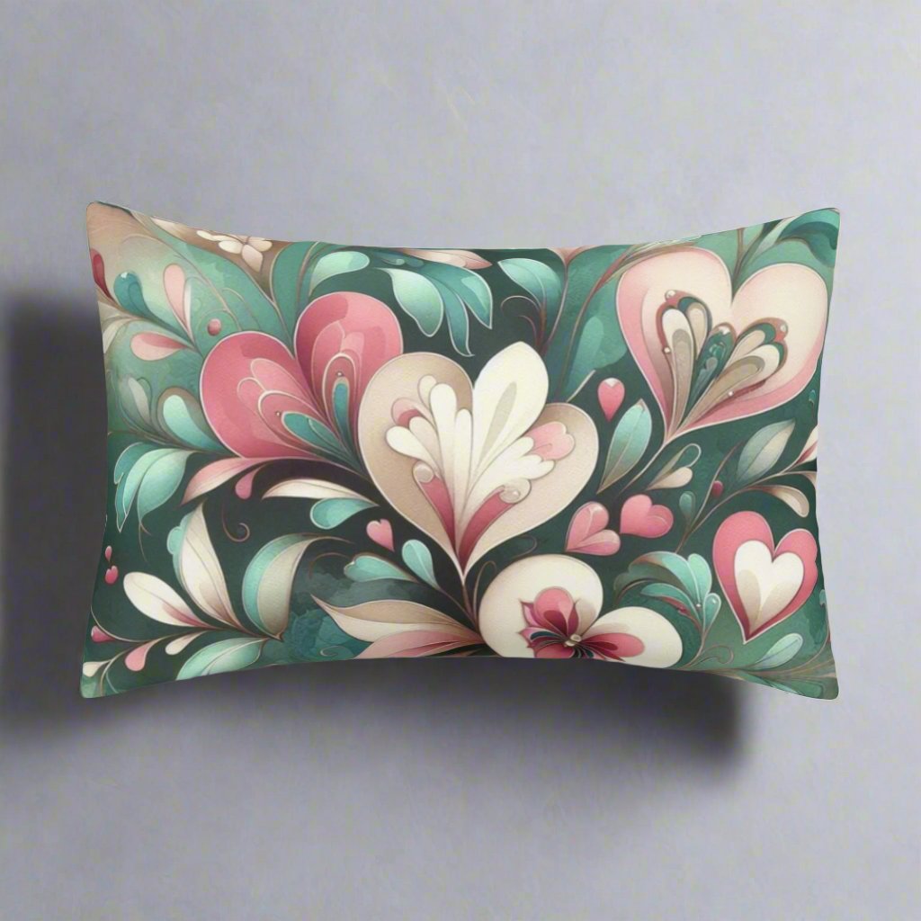 Emerald Green Floral Hearts Pillow Case - Vintage-Inspired Romantic Design with Art Nouveau Influence