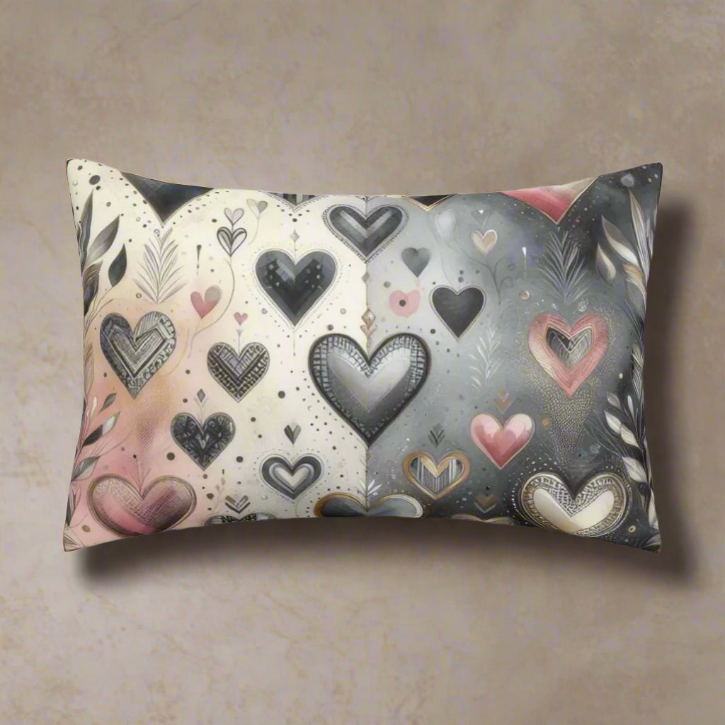 Decorative pillow with heart pattern on a plain background