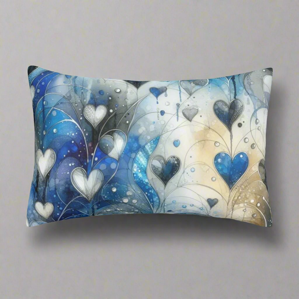Parisian Boudoir Style Pillow Cover – Floral Hearts & Leaves on Cobalt Blue Polyester Fleece, 30x20 Inch