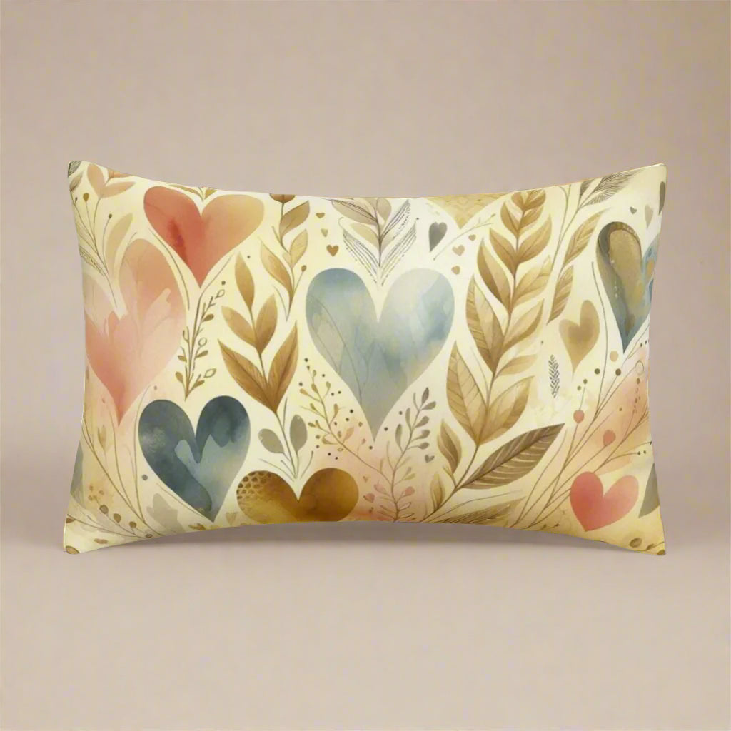 Nature-Inspired Floral Heart Pillow Cover - Gold Vintage Pattern with Feather Accents - Machine Washable 30x20 Inch
