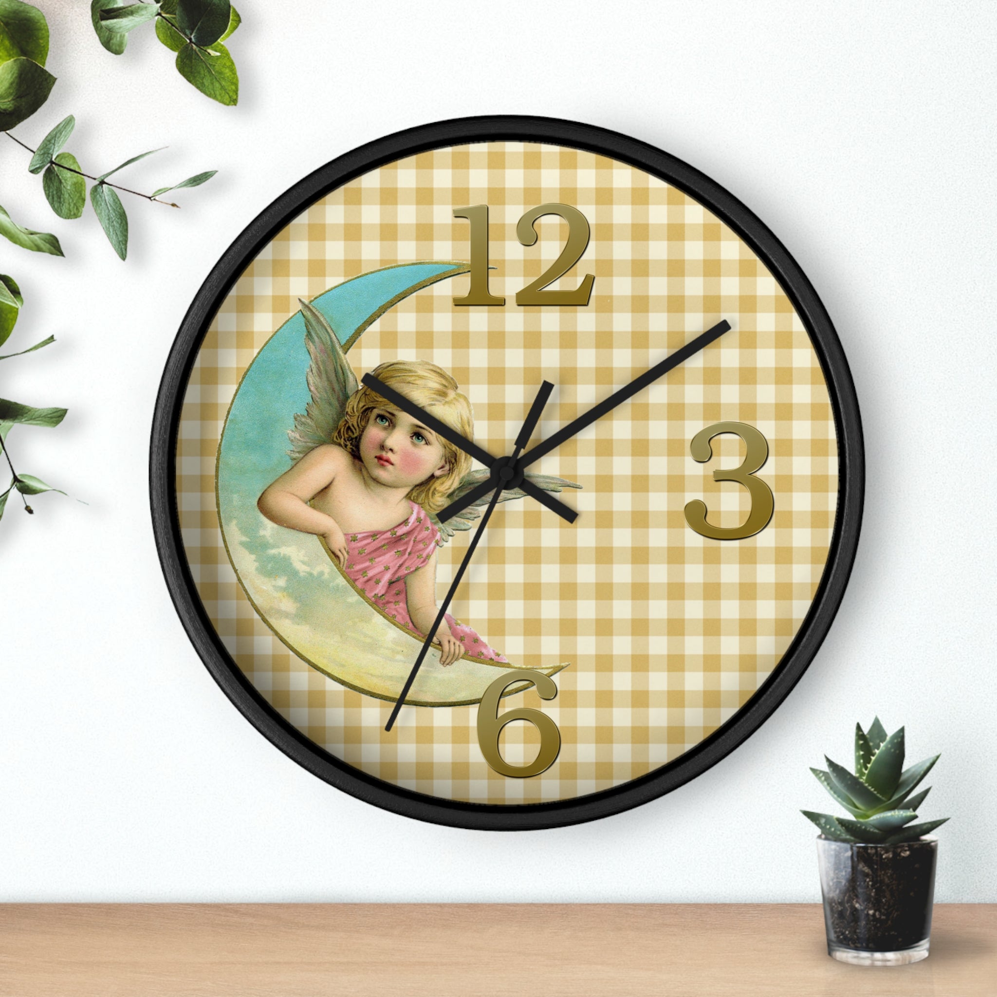 Decorative wall clock with angel design on a checkered background