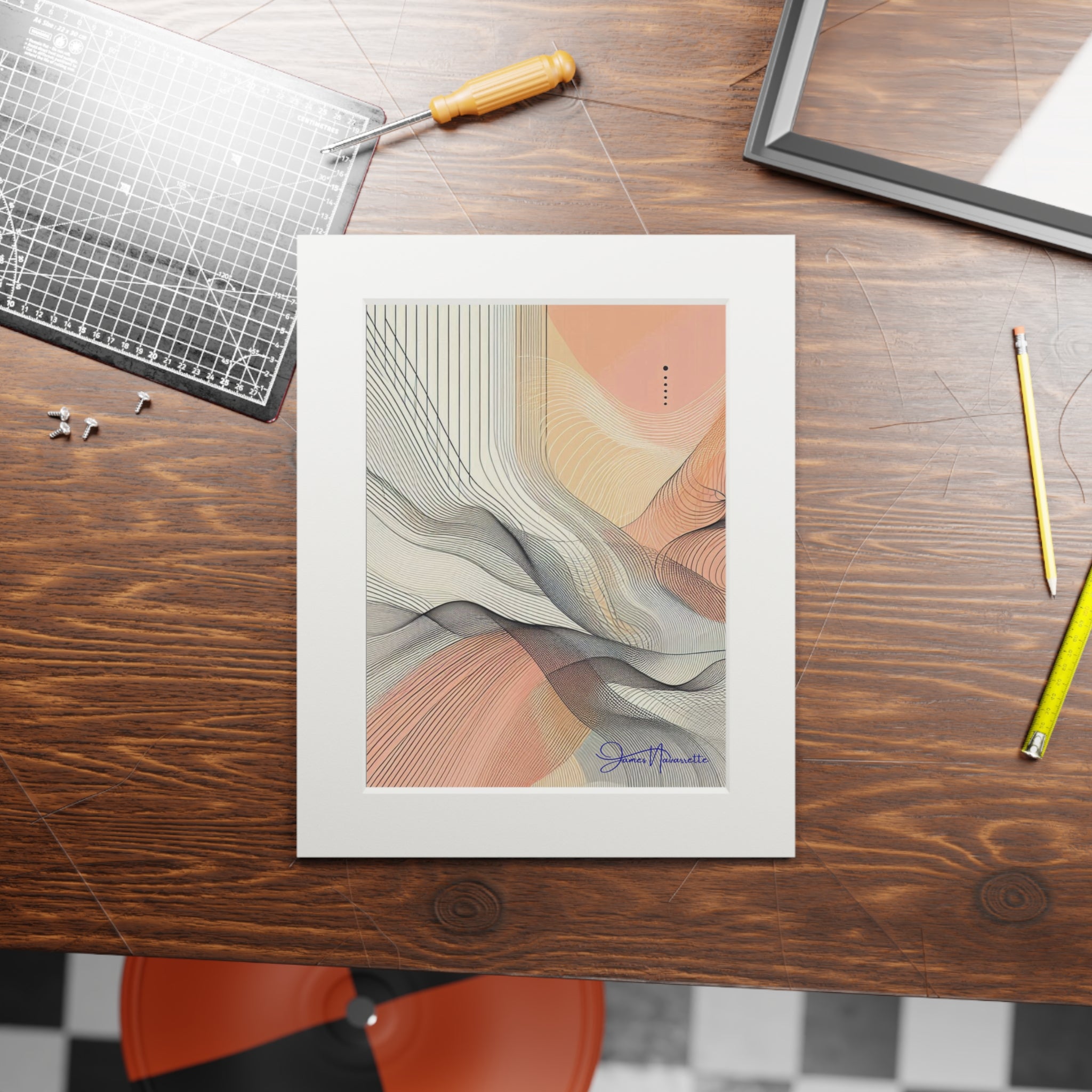 Abstract Ocean Waves in Peach, Cream and White with Passepartout Paper Frame