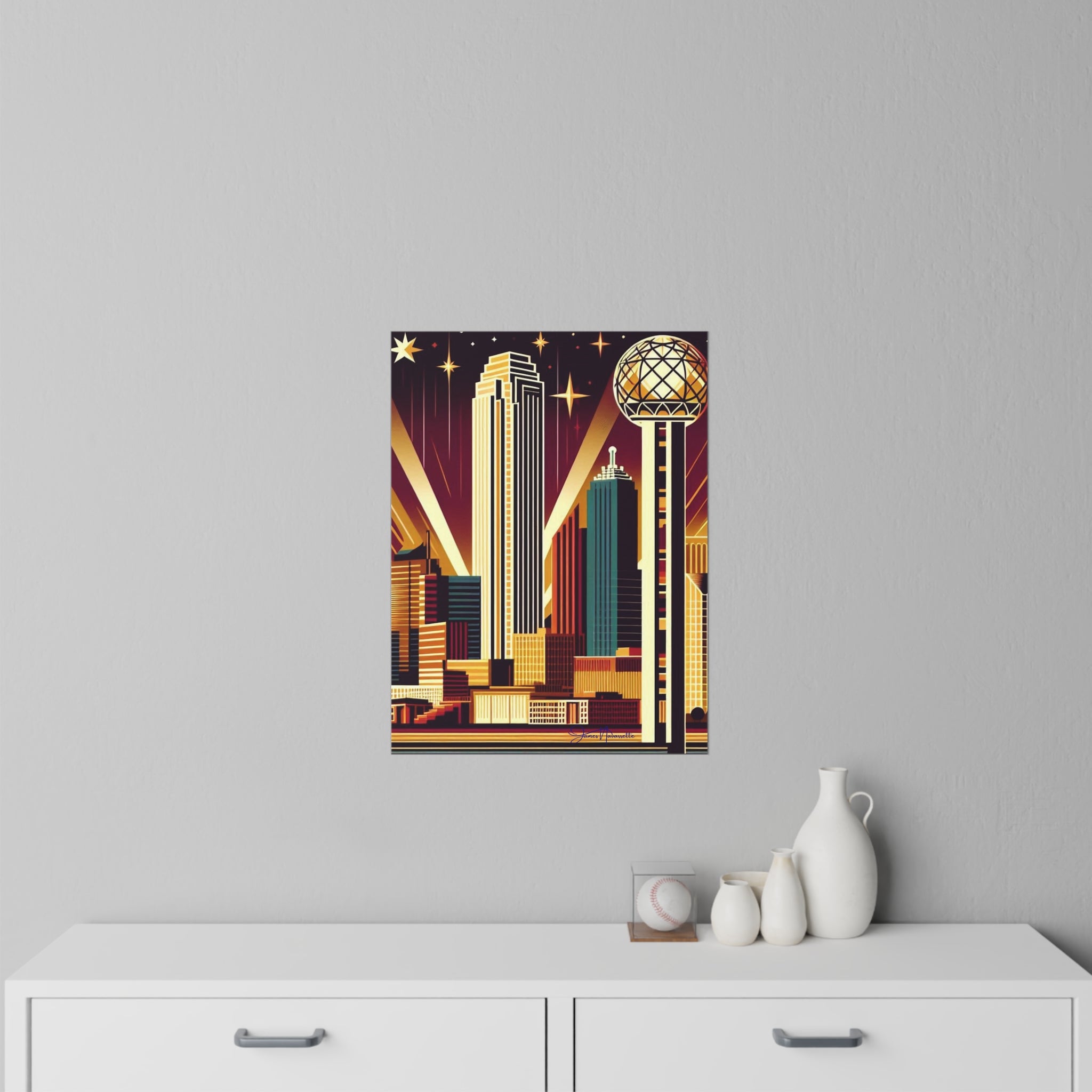 Art Deco-style cityscape painting on a gray wall above a white cabinet.