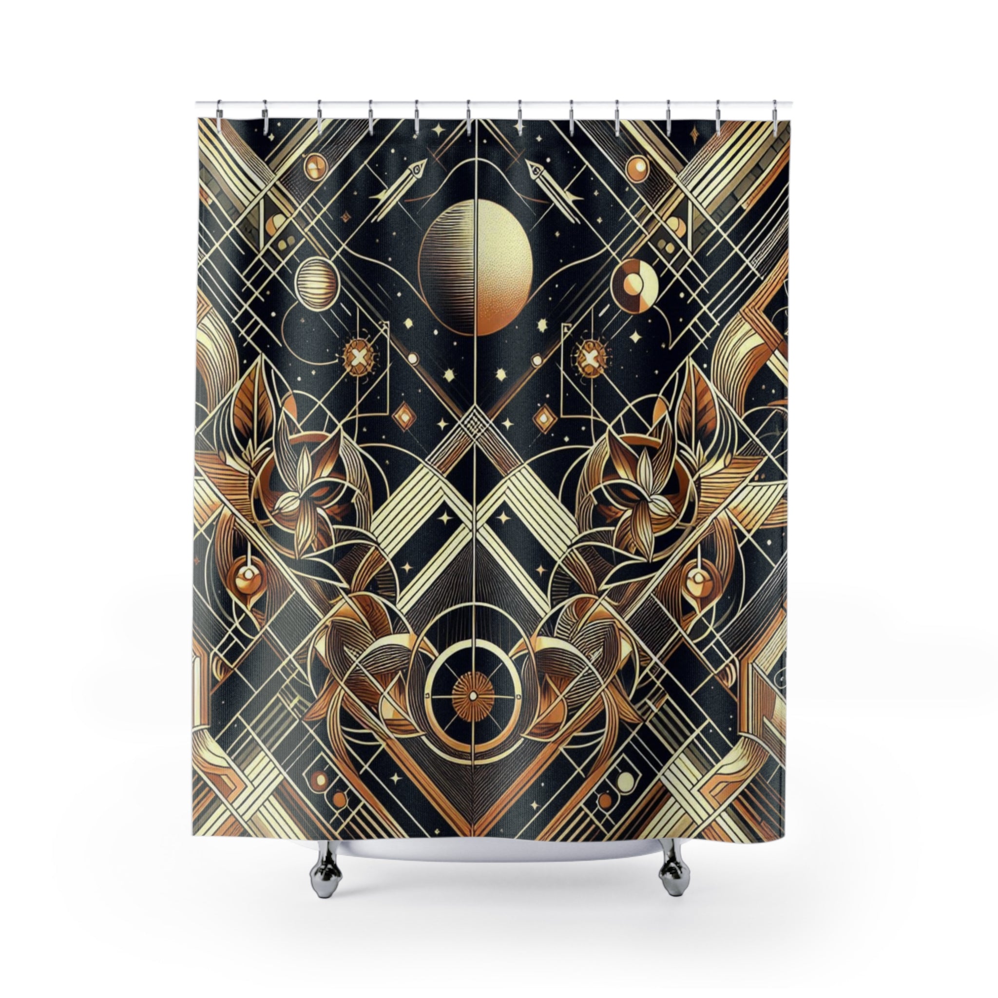Shower curtain with geometric and celestial design on a black background