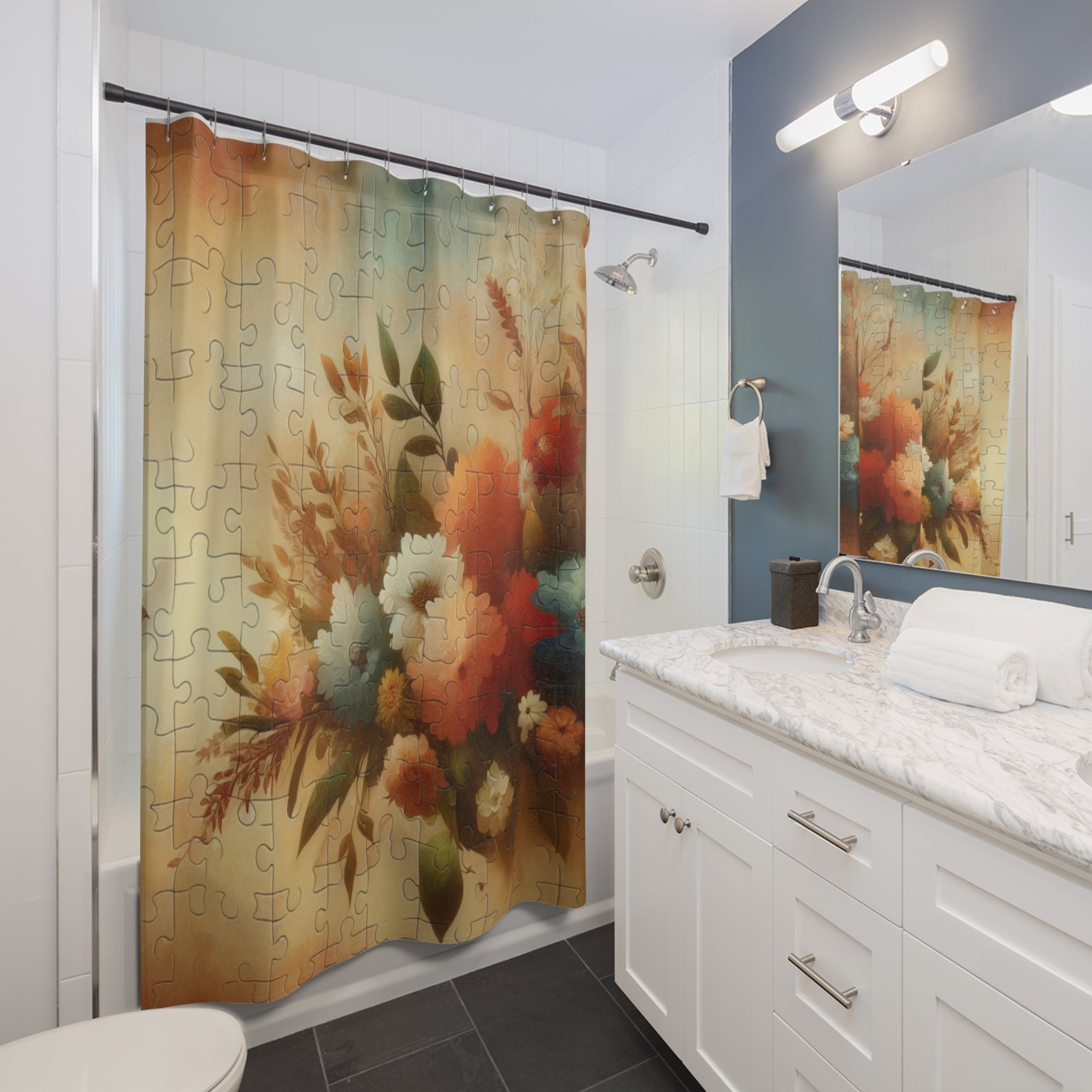 Bathroom with a floral shower curtain and white vanity.