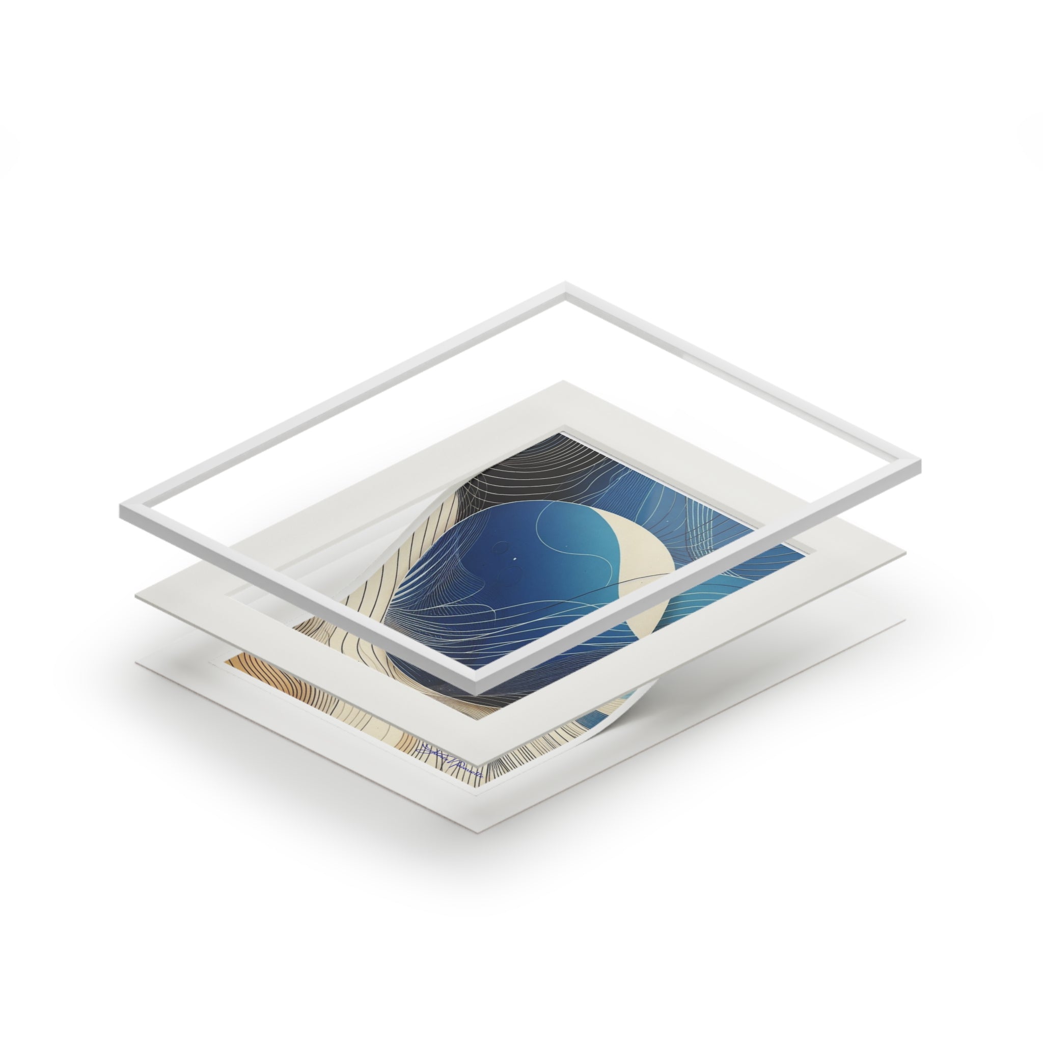 Abstract Sunrise in cobalt, cream and white in Passepartout Paper Frame