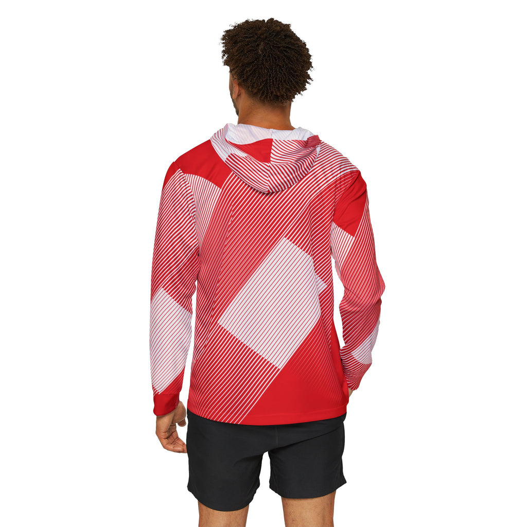 Person wearing a red and white checkered hoodie on a white background