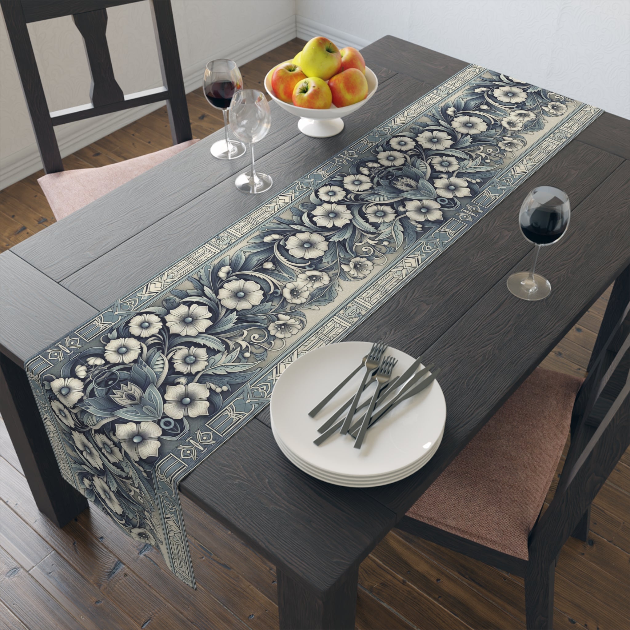 Antique Periwinkle and White Floral Pattern Table Runner- Available in Cotton Twill or Polyester - 16x72 or 16x90 -