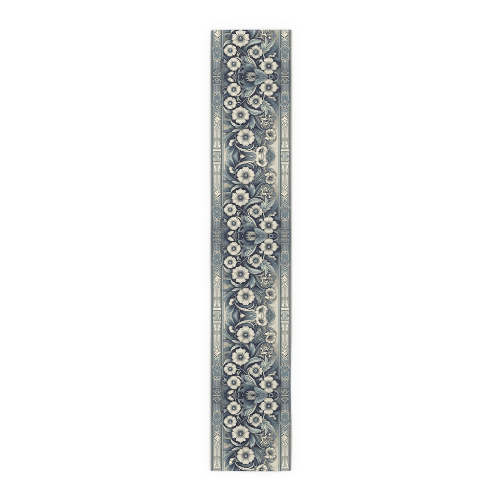 Antique Periwinkle and White Floral Pattern Table Runner- Available in Cotton Twill or Polyester - 16x72 or 16x90 -