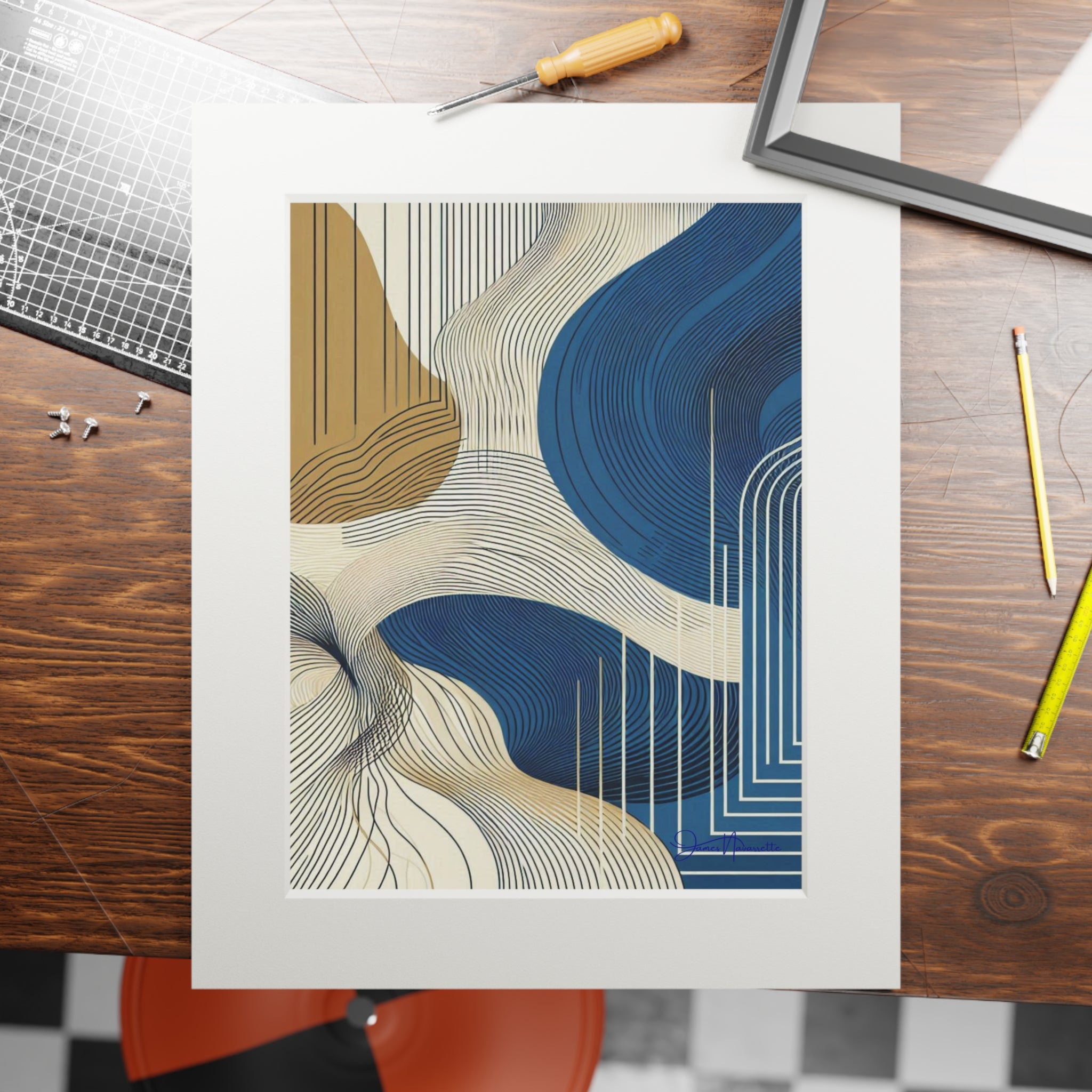 Fine Art Prints (Passepartout Paper Frame) - Abstract cobalt, cream, and white Landscape Wall Art