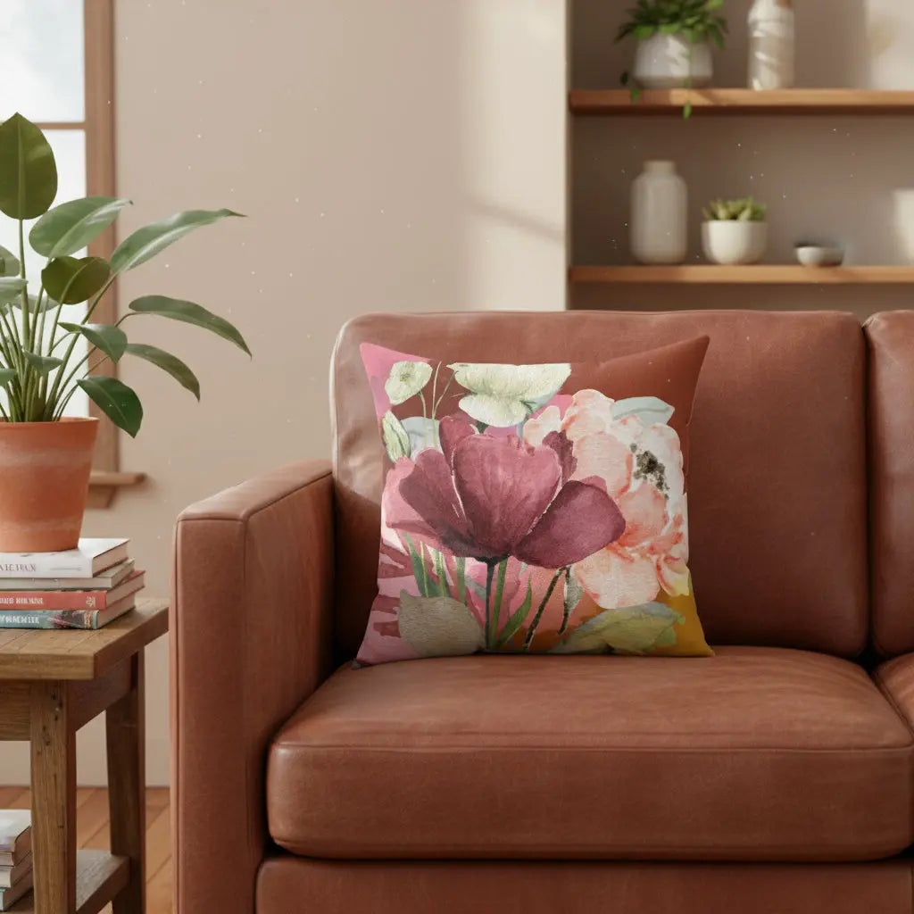 Floral-patterned pillow with pink and orange flowers on a white background