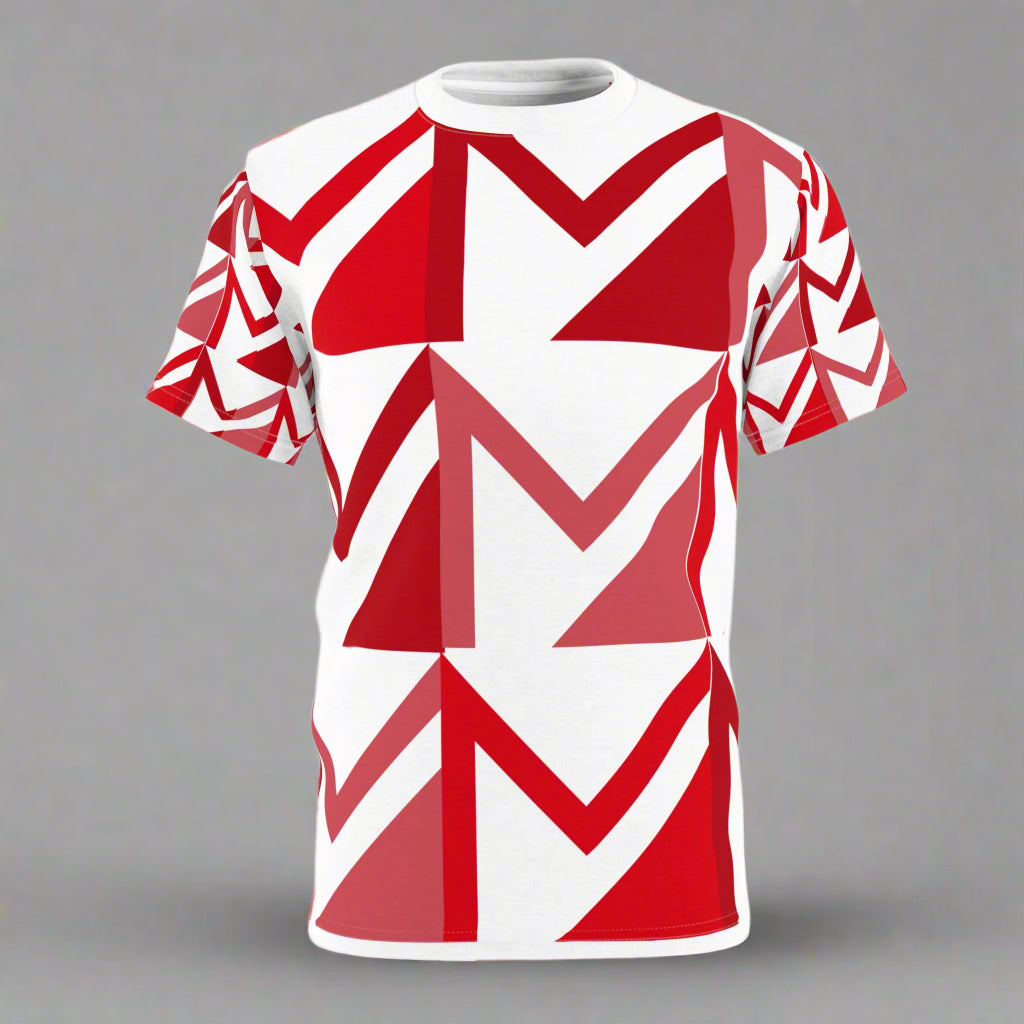 White t-shirt with red geometric pattern on a white background