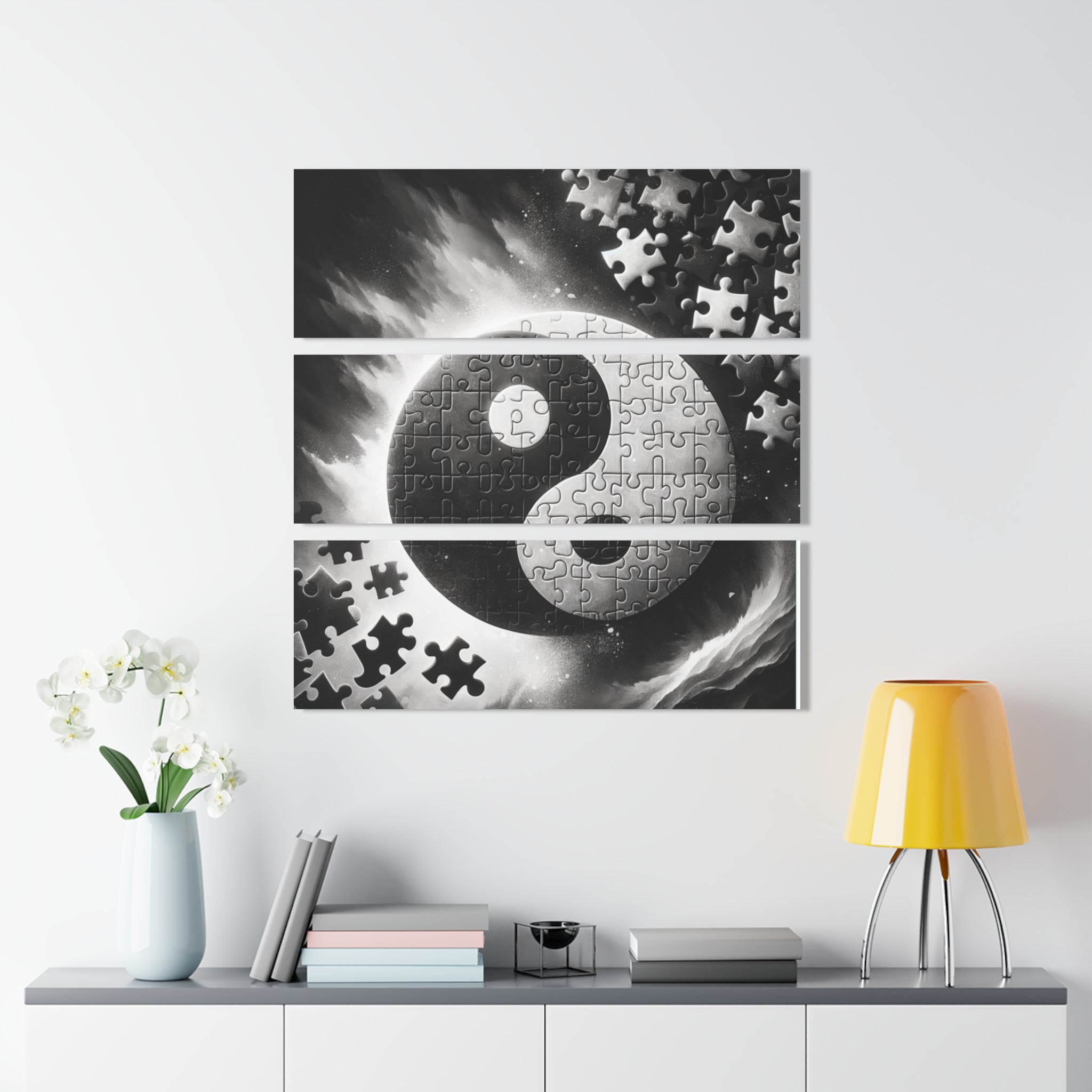 Black and White Yin and Yang Jigsaw Triptych Wall Art
