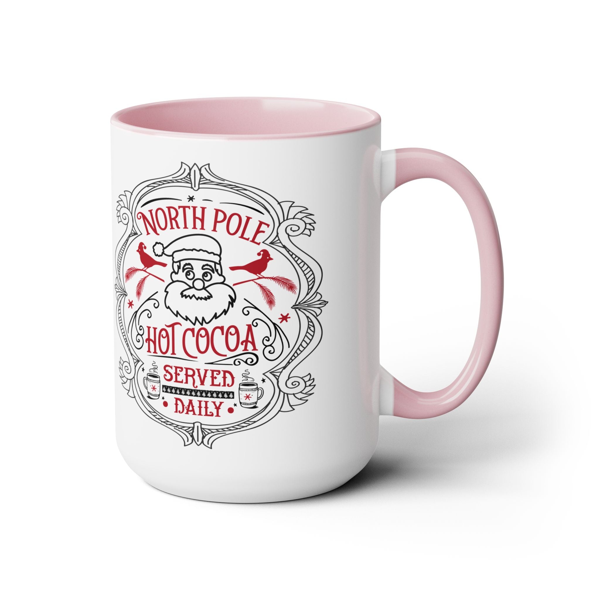 White mug with pink interior and handle featuring a Santa Claus design and text.