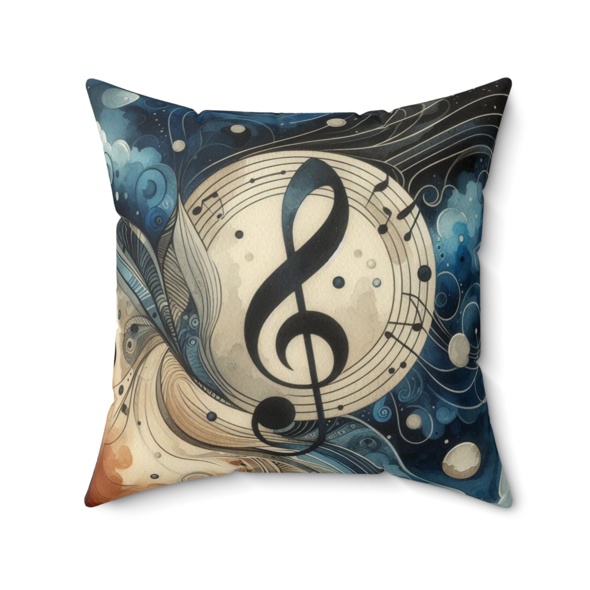 Decorative pillow with musical design featuring a treble clef on a swirling pattern background.