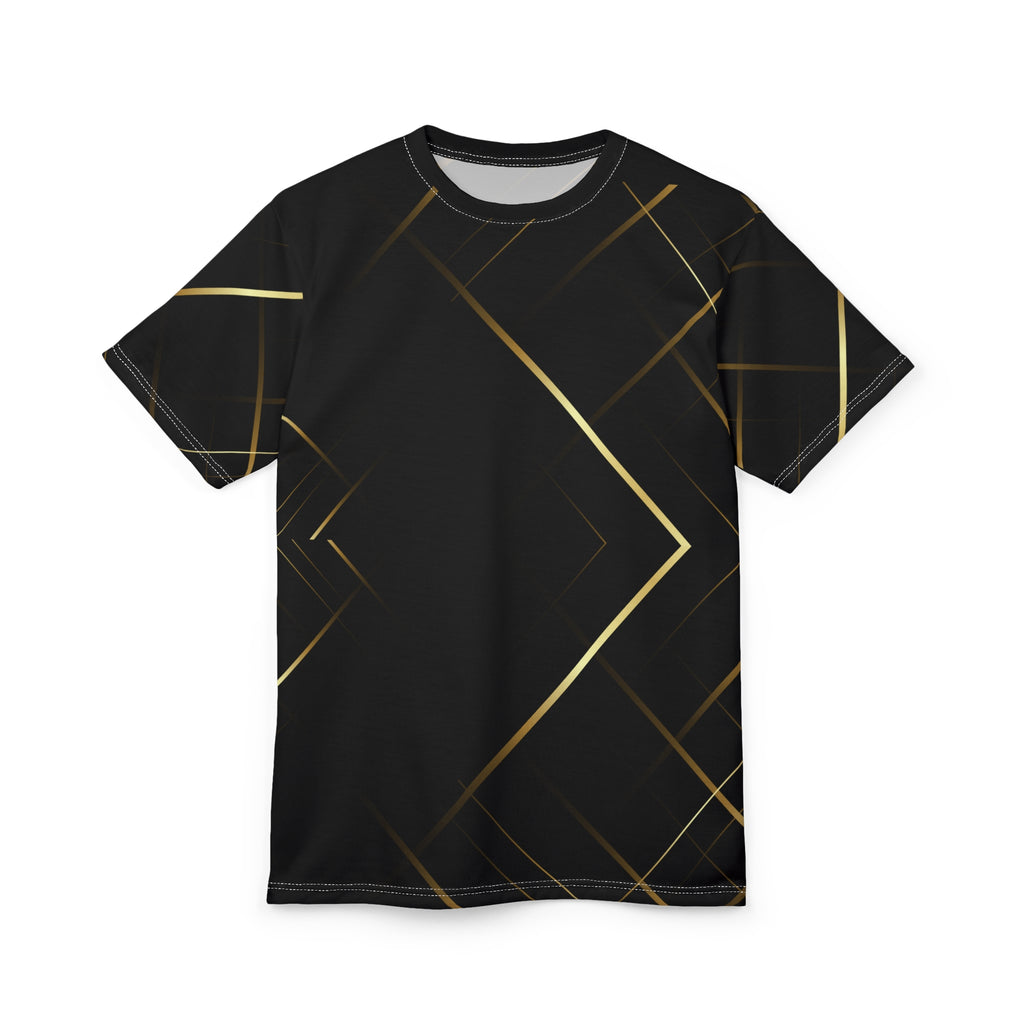 Black t-shirt with gold geometric patterns on a white background