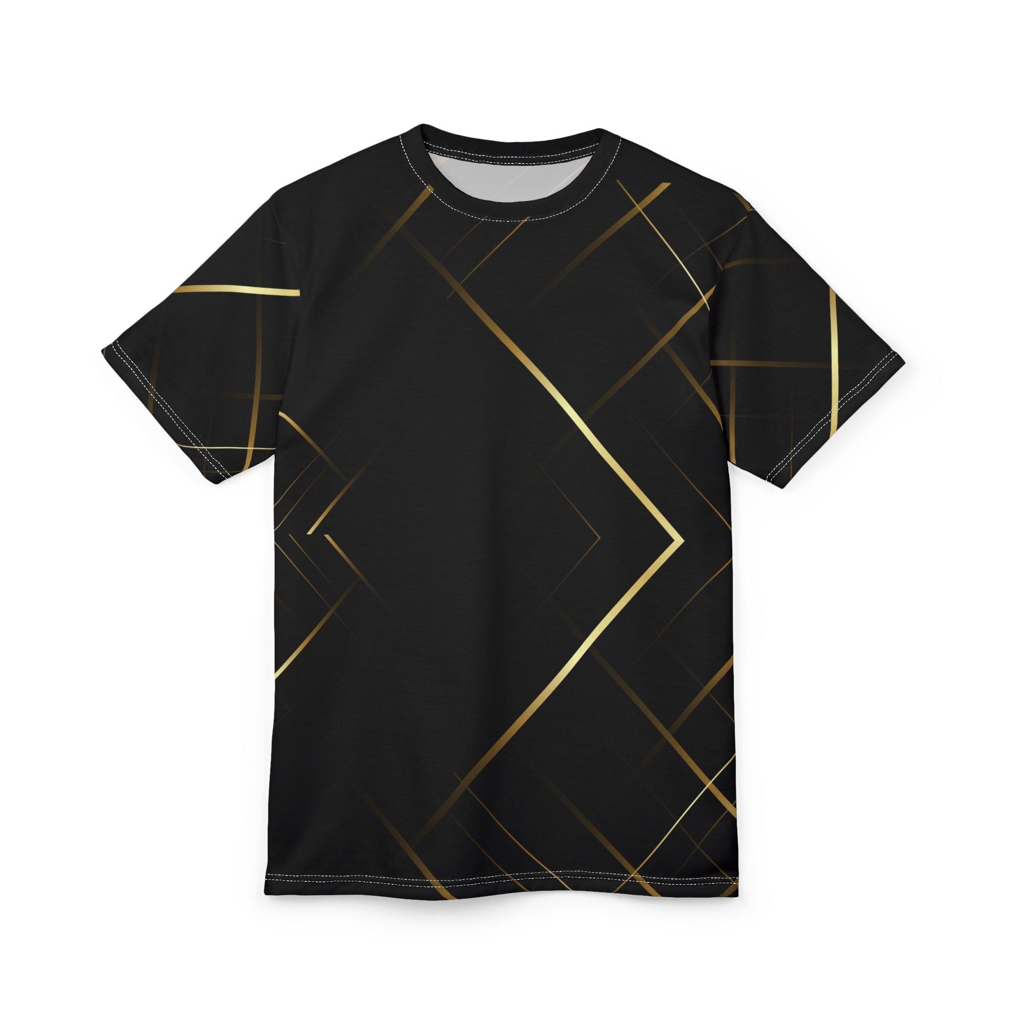 Black t-shirt with gold geometric patterns on a white background