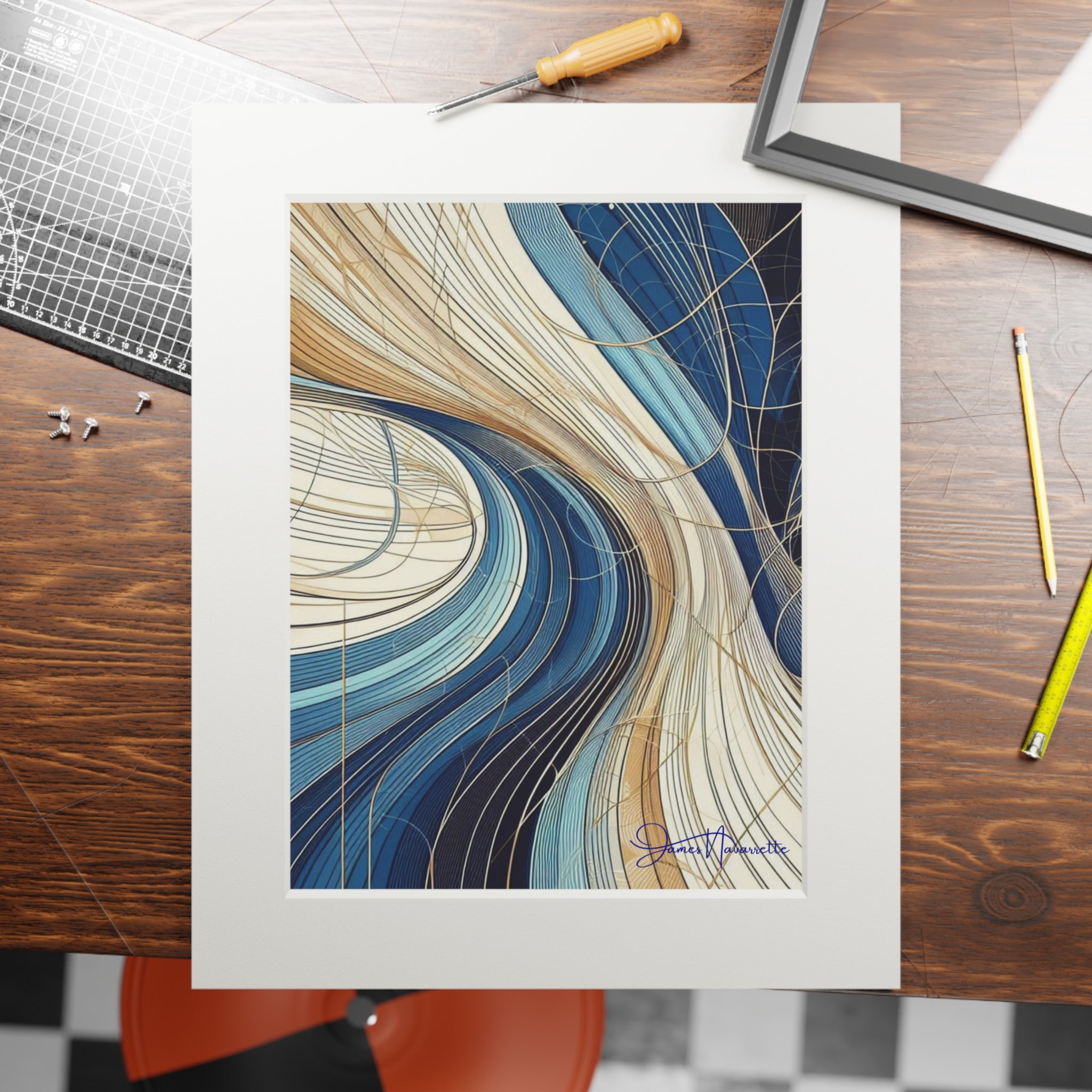 Fine Art Prints- Abstract Waterfall in cobalt, cream and white in Passepartout Paper Frame