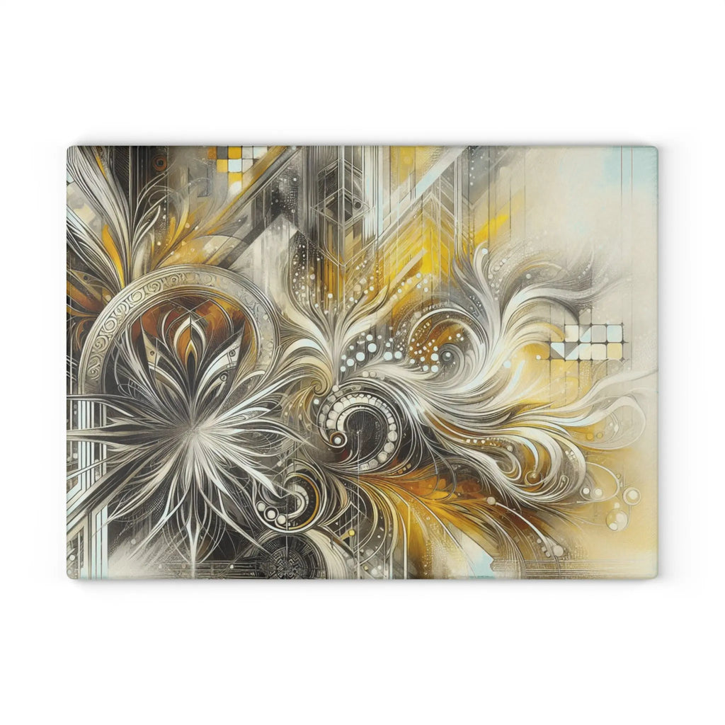 Abstract design with swirling patterns in gold, silver, and beige on a white background