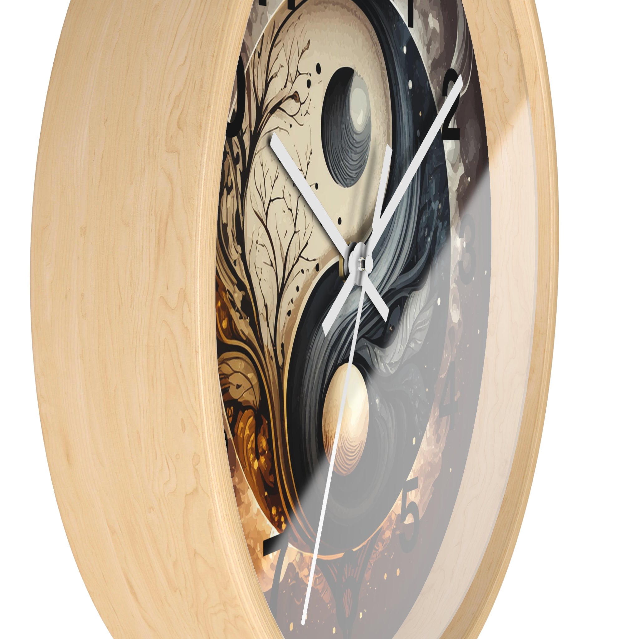 Decorative wall clock with artistic design on a white background