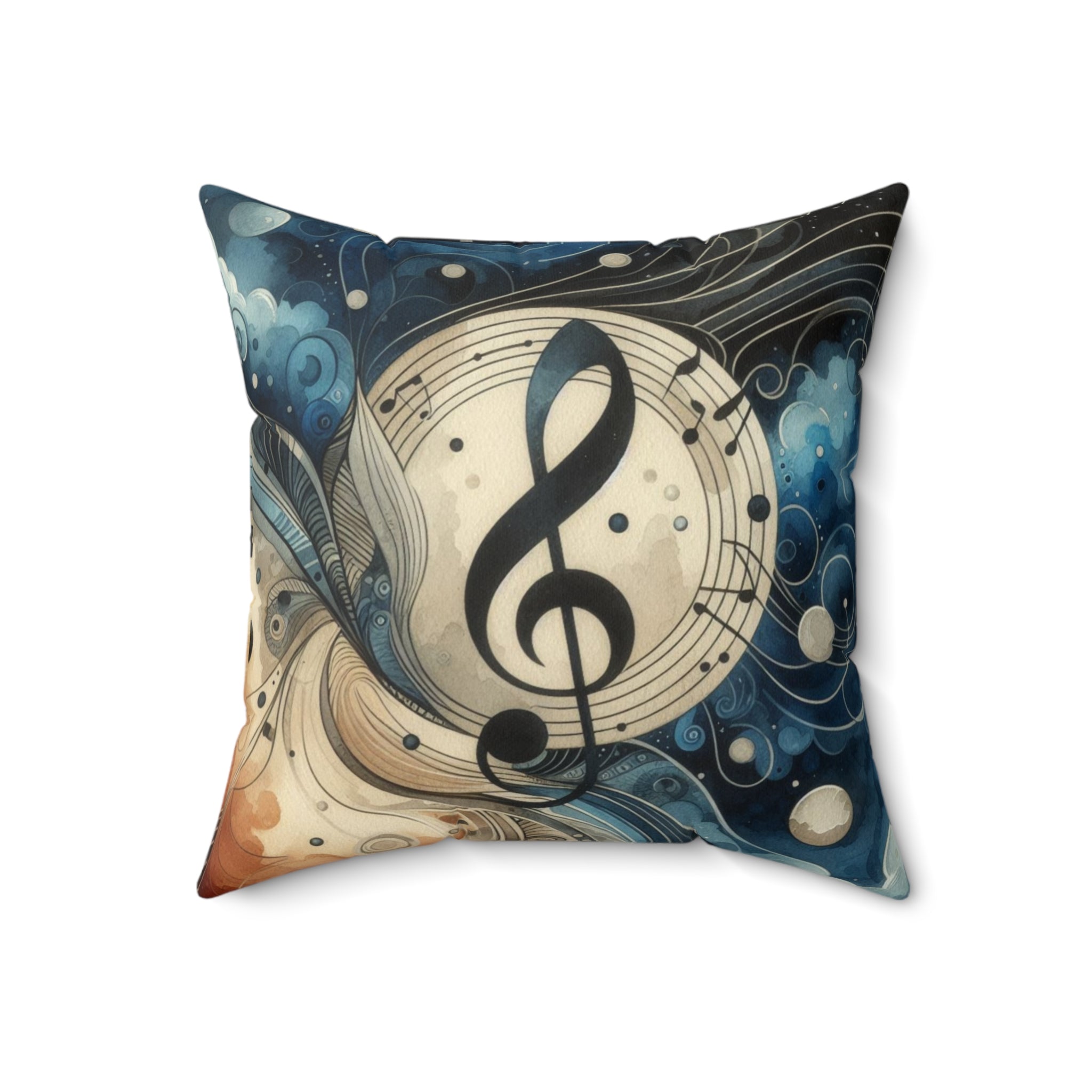 Decorative pillow with musical design featuring a treble clef on a white background