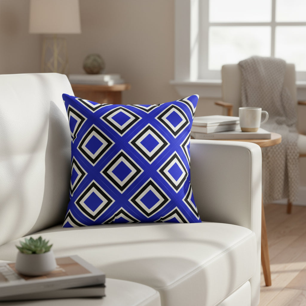 Blue pillow with geometric pattern on a white background