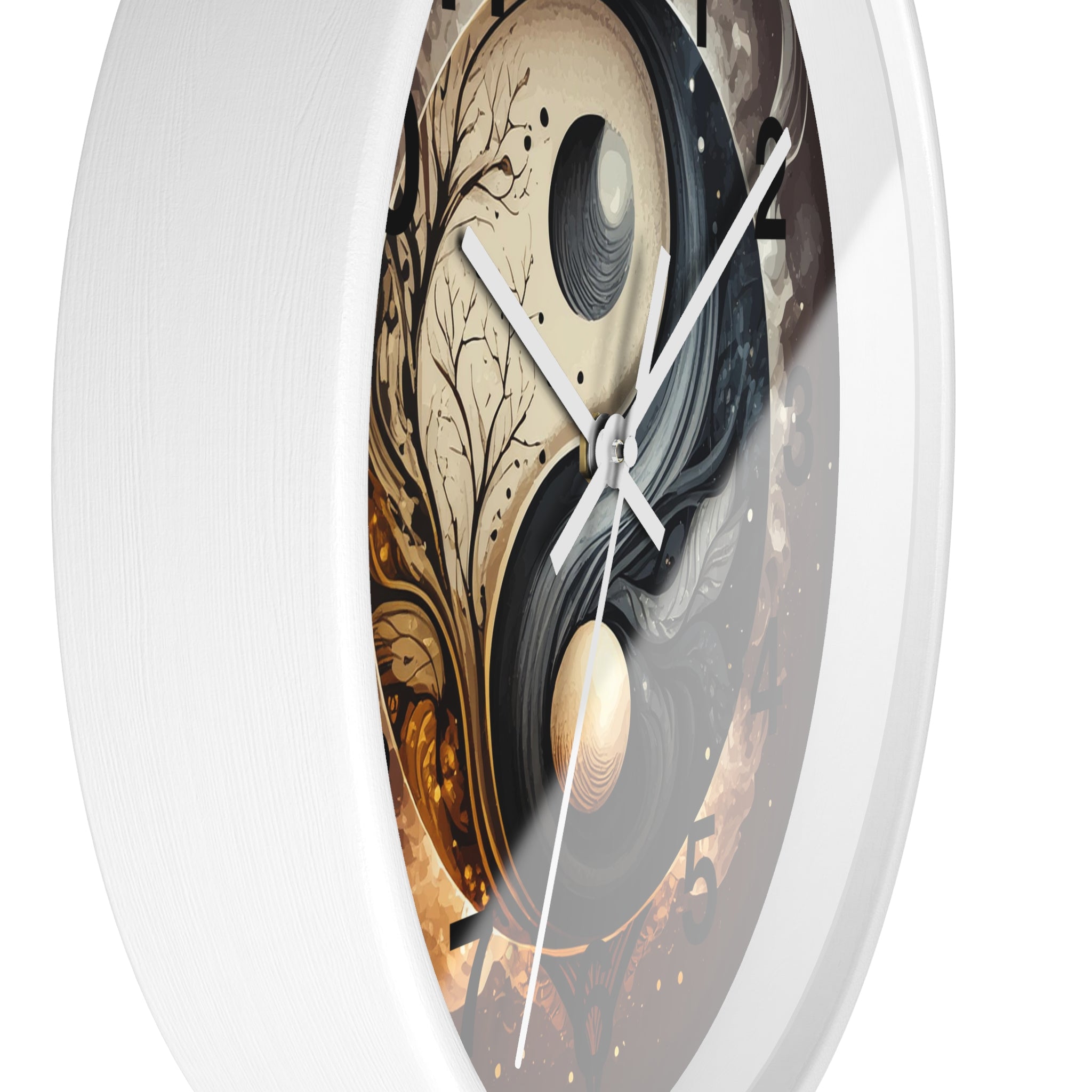 Decorative wall clock with artistic design on a white background