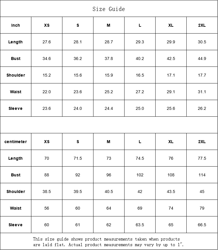 Size guide chart for clothing measurements in inches and centimeters.