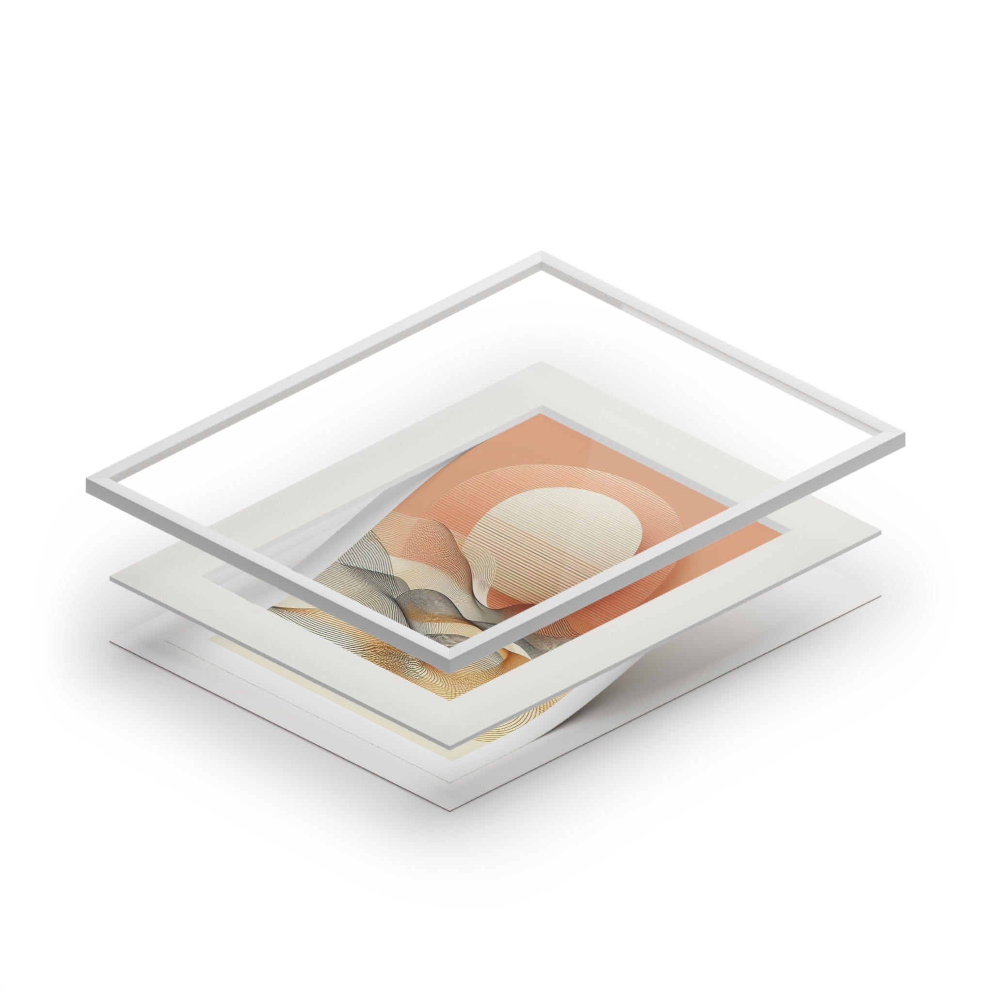 Stack of white photo frames on a white background