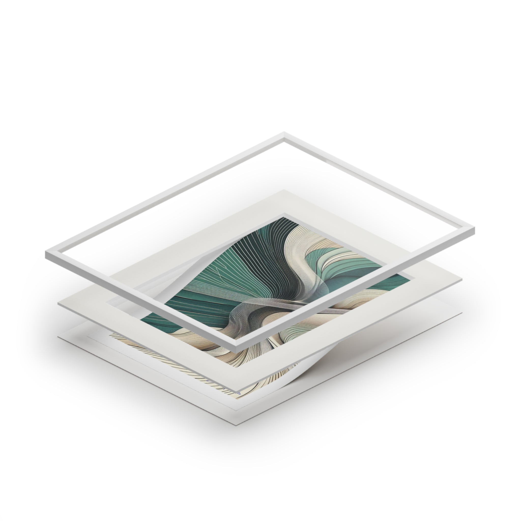 Stack of white photo frames with a abstract design on a white background
