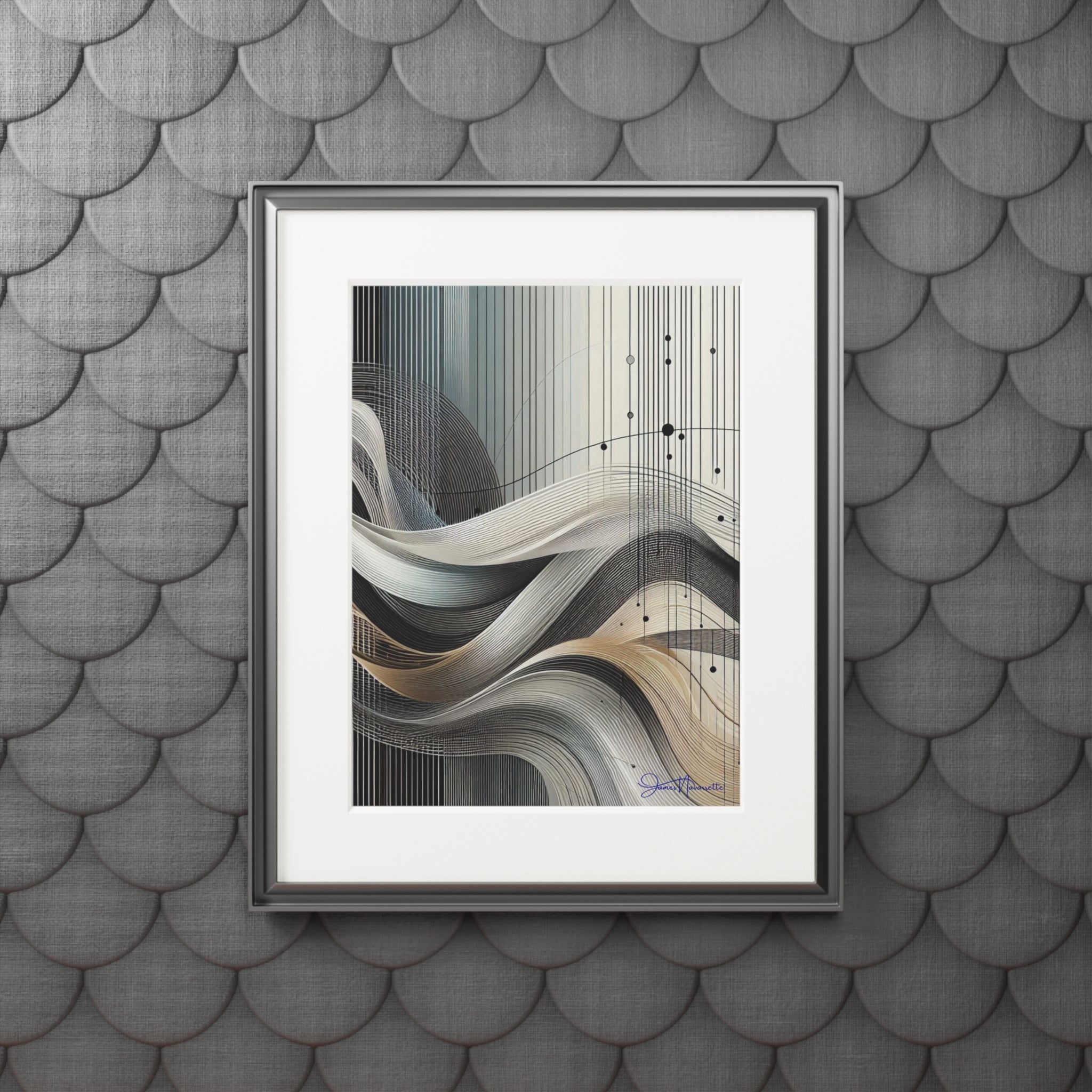 Framed abstract art print on a textured gray wall