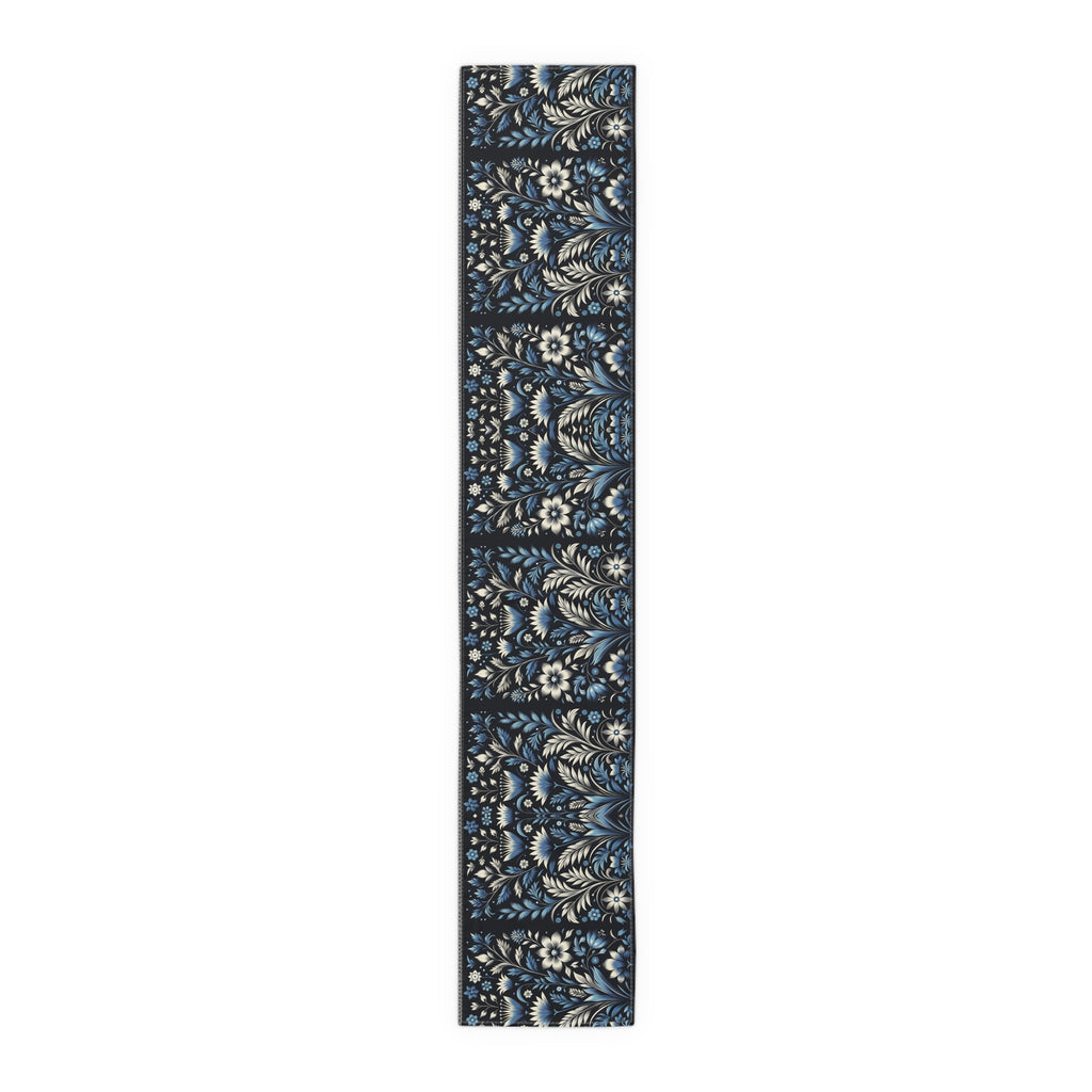 Dark Blue Art Deco Floral Table Runner Decor- Cotton Poly Blend