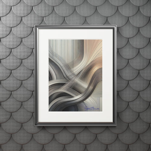 Framed abstract art piece on a textured gray wall