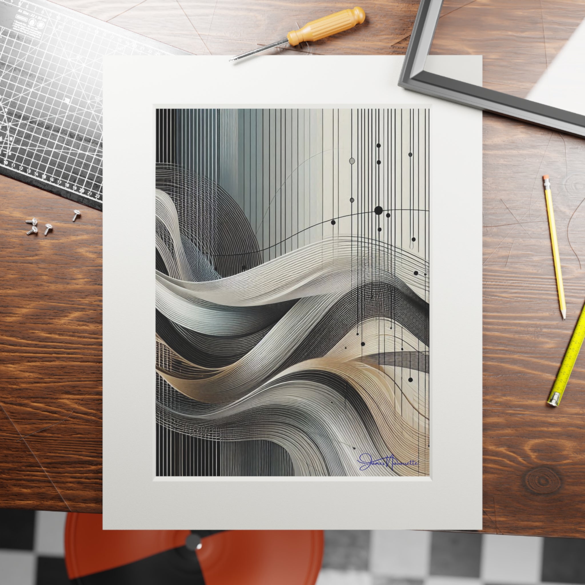 Framed abstract art print on a wooden table with tools.
