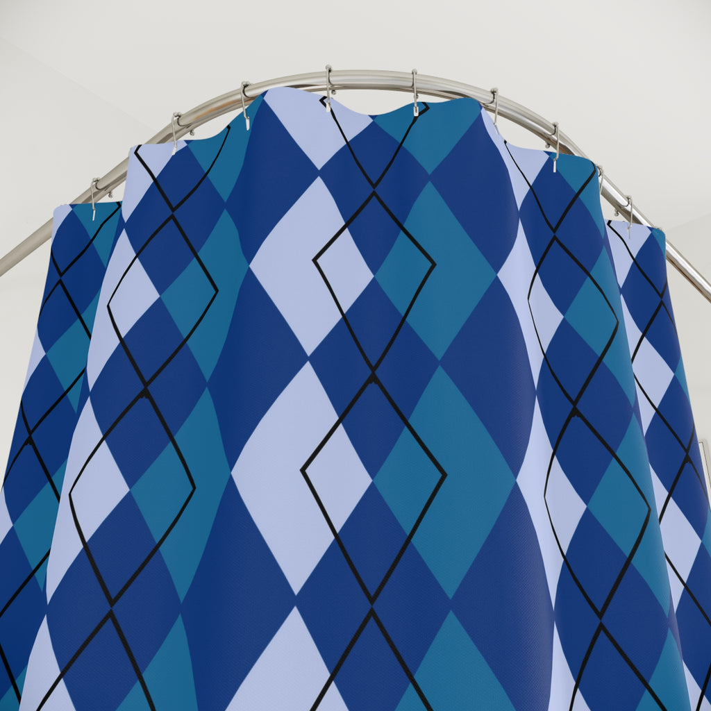 Blue and white patterned fabric draped over a circular metal rod against a white background