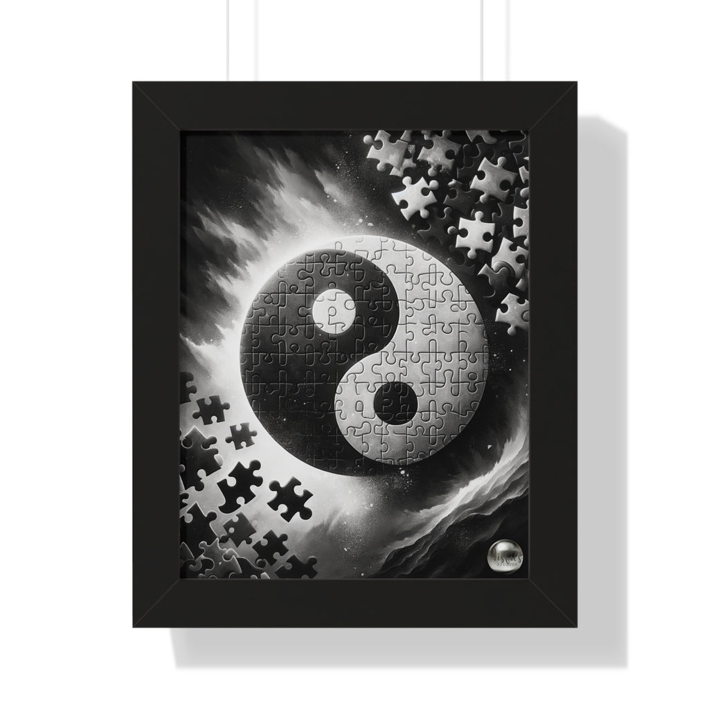 Framed puzzle with a yin yang symbol on a white background