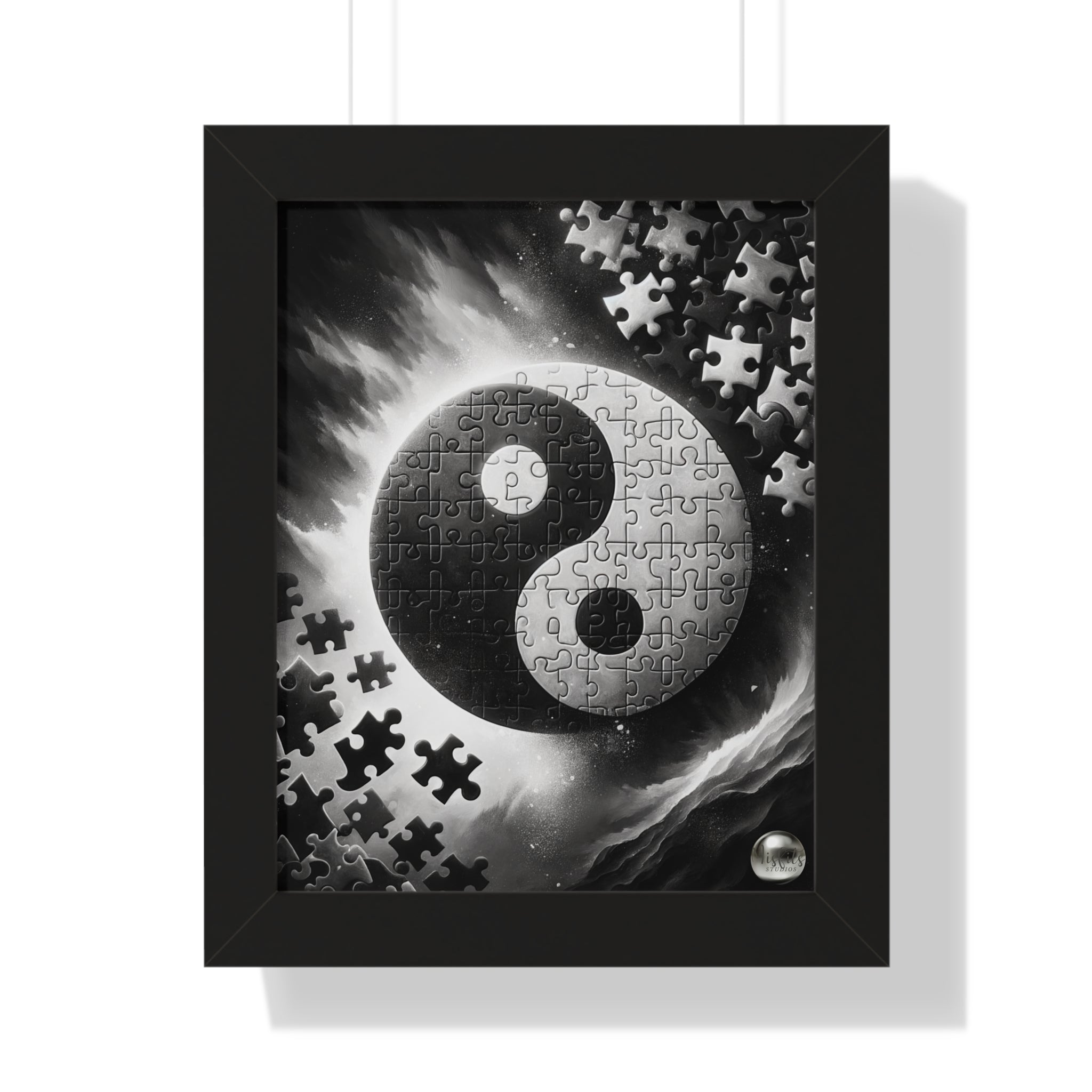 Framed puzzle with a yin yang symbol on a white background