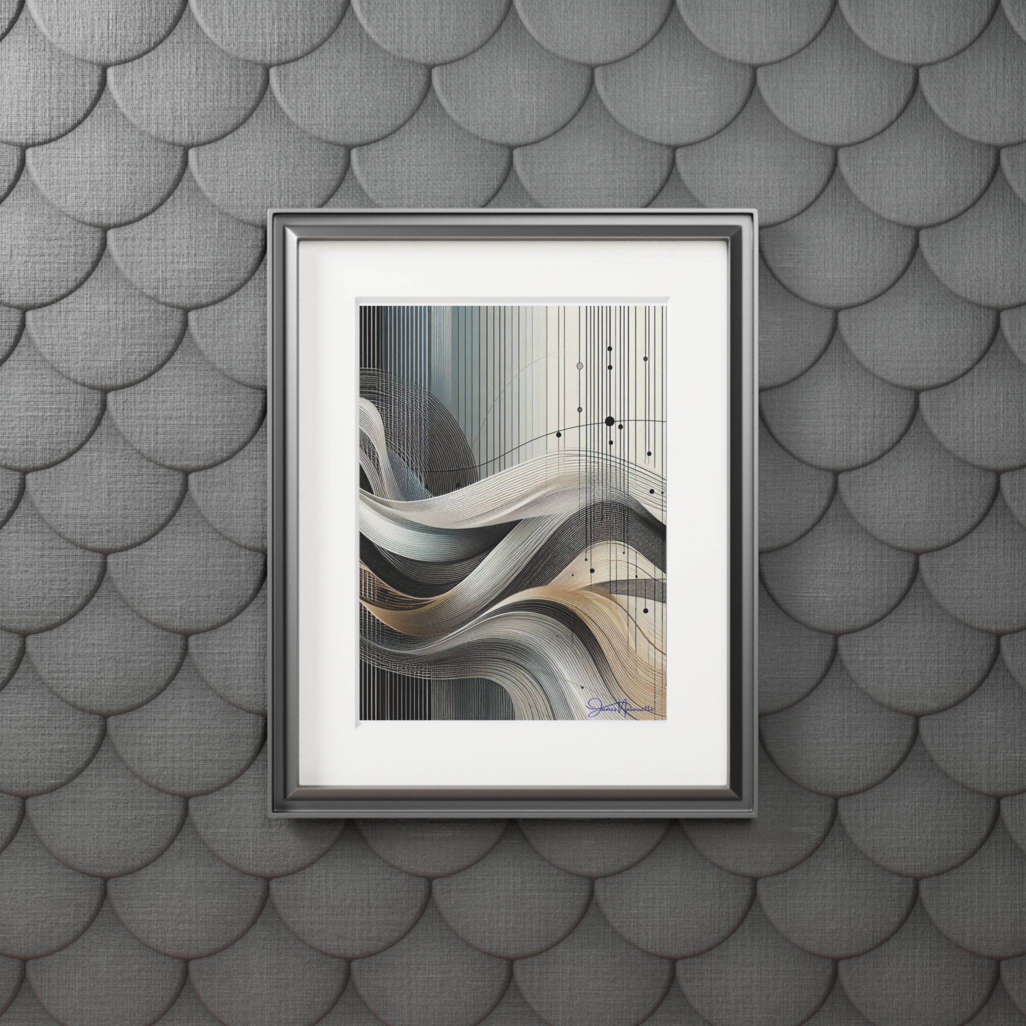 Framed abstract art piece on a textured gray wall