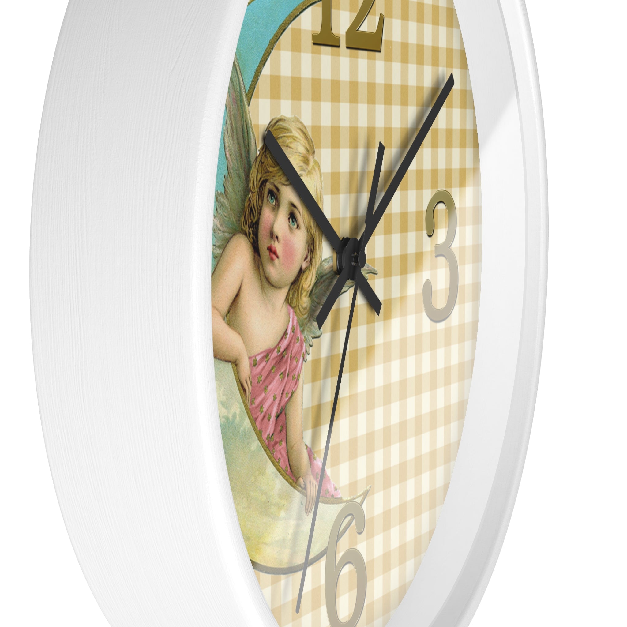 Wall clock with angel design on a checkered background