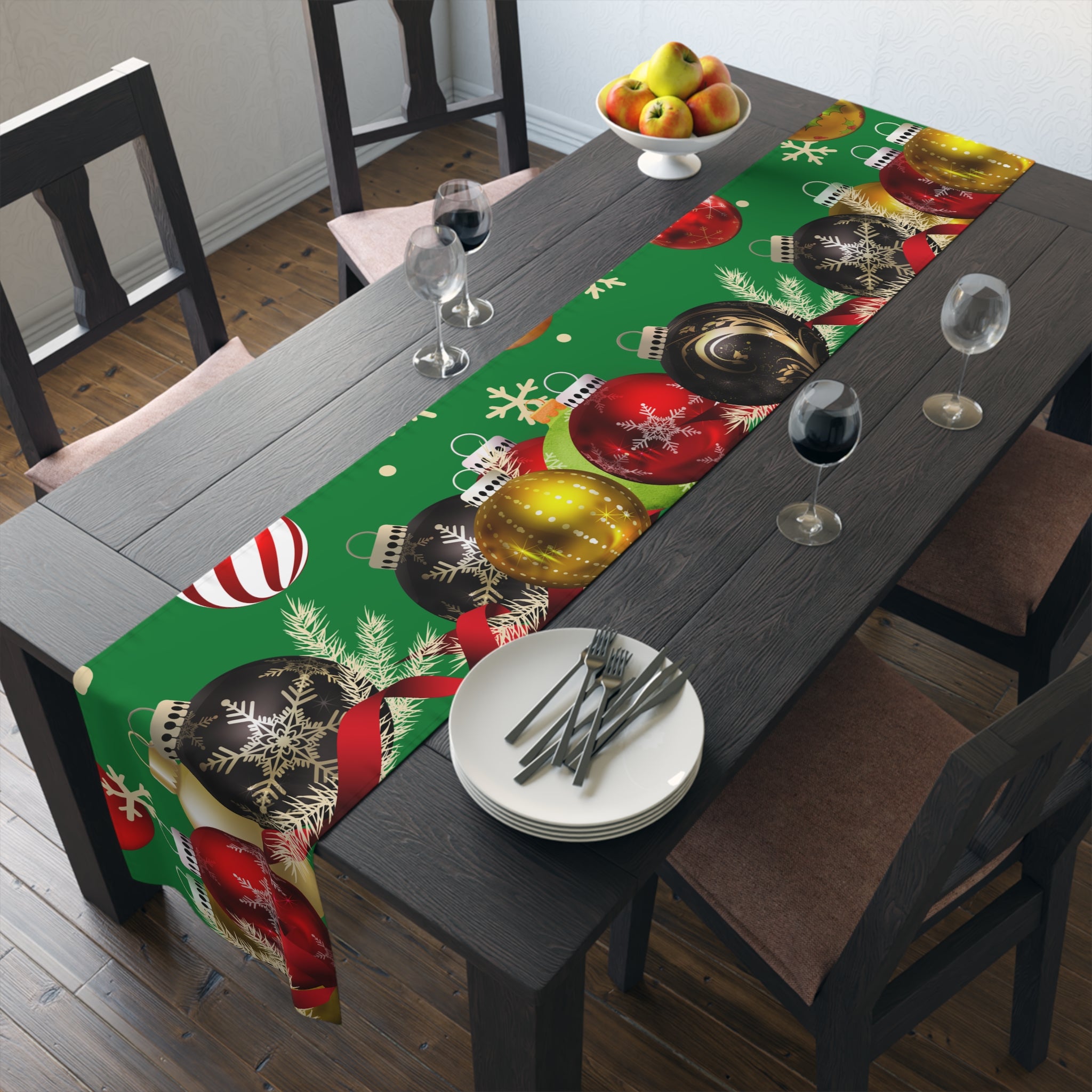 Christmas Ornaments Green Table Runner