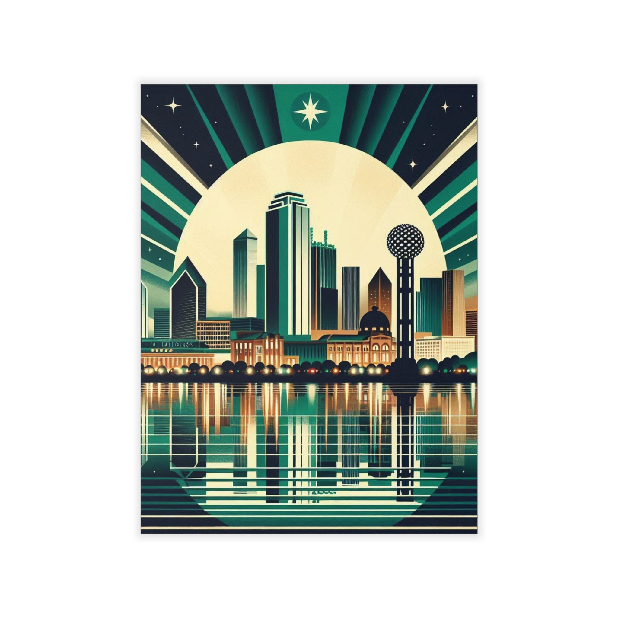 Illustration of a city skyline with a large moon and stars in the background