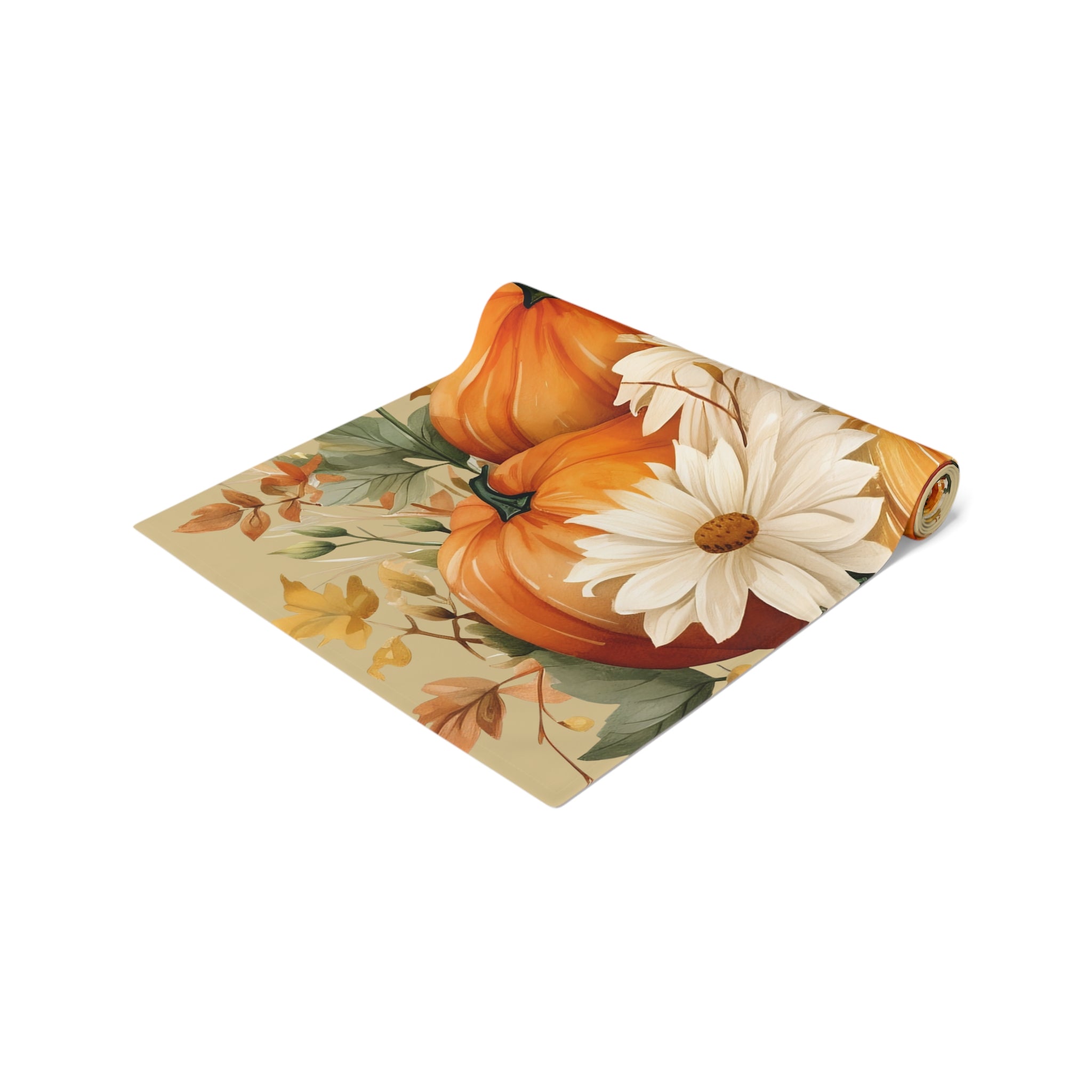 Decorative table runner with pumpkins and flowers on a white background