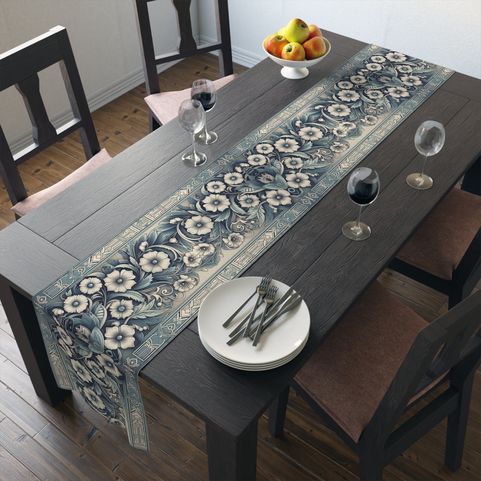 Antique Periwinkle and White Floral Pattern Table Runner- Available in Cotton Twill or Polyester - 16x72 or 16x90 -