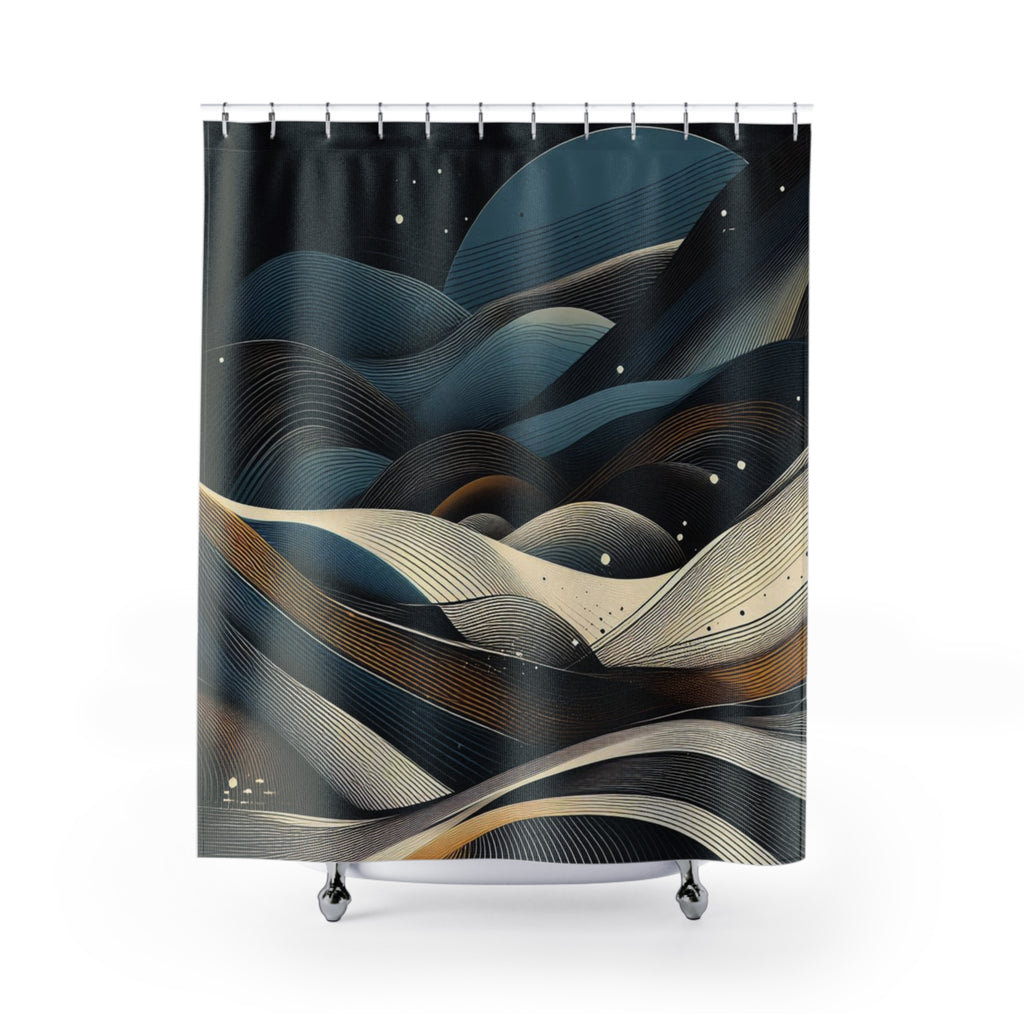 Shower curtain with abstract wave design on a white background