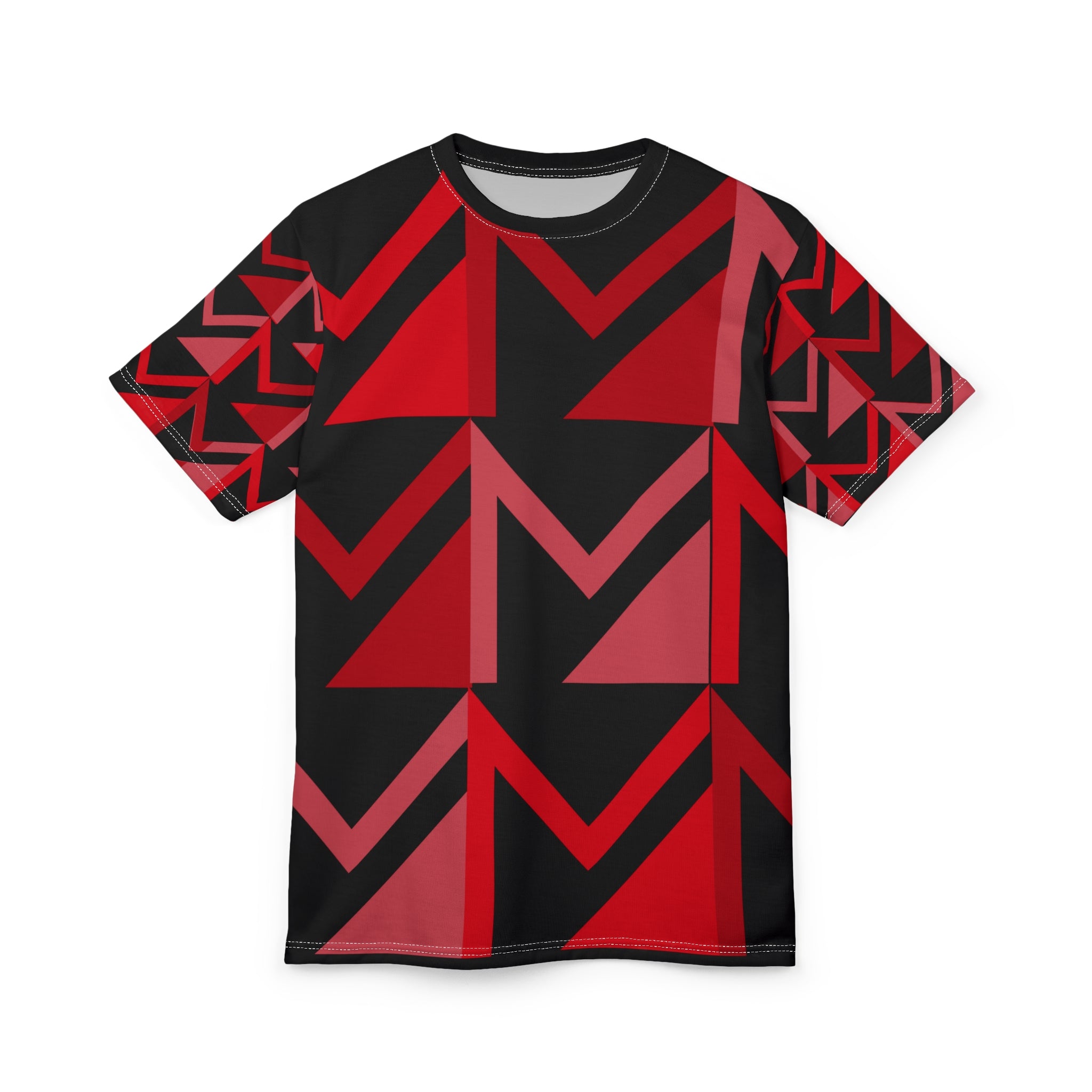 T-shirt with red and black geometric pattern on a white background