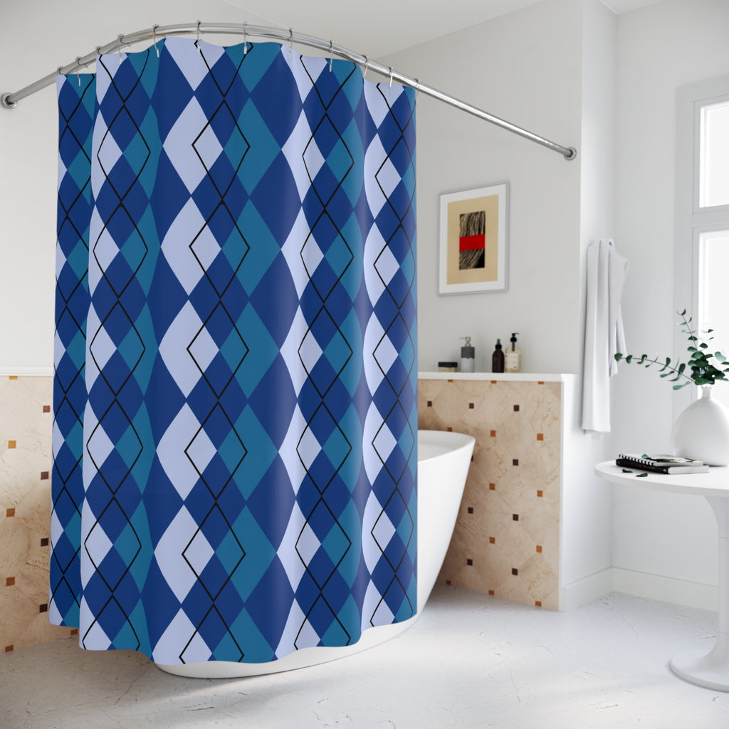 Blue argyle patterned shower curtain in a bathroom setting